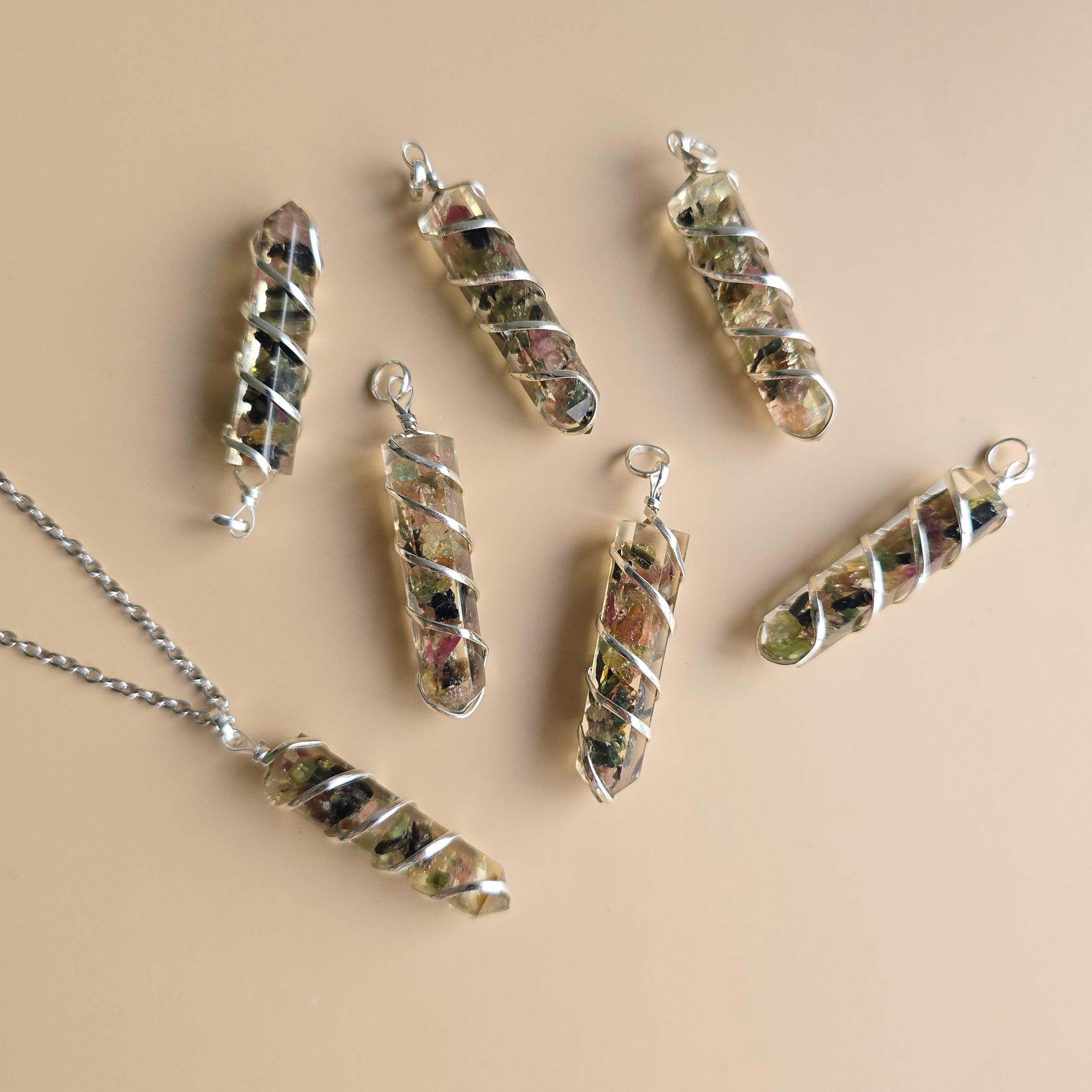 Watermelon Tourmaline in Orgonite Coil Wrapped Pendant Necklace