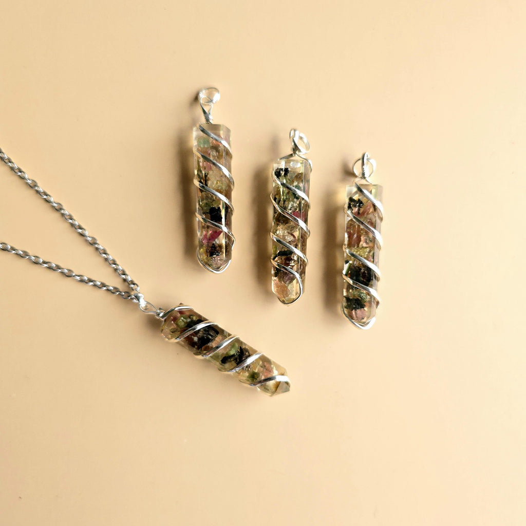 Watermelon Tourmaline in Orgonite Coil Wrapped Pendant Necklace