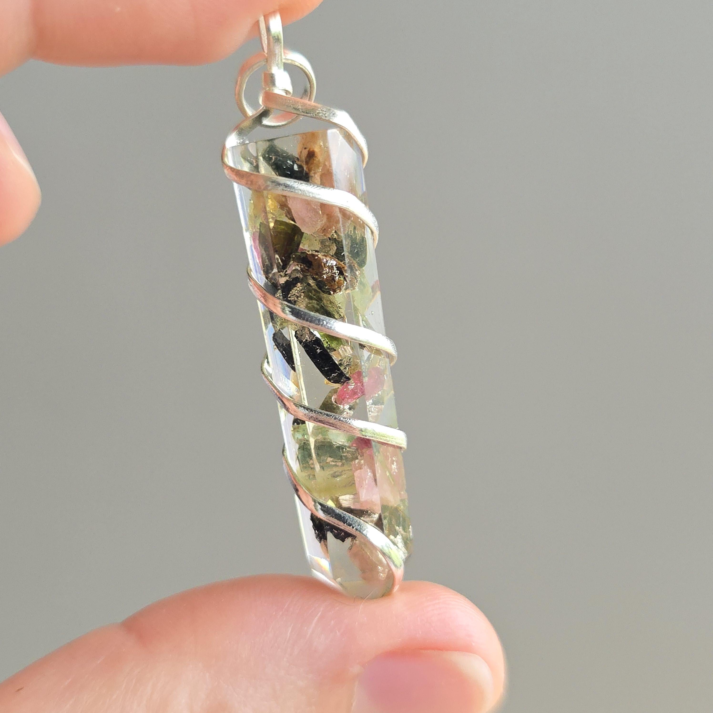 Watermelon Tourmaline in Orgonite Coil Wrapped Pendant Necklace