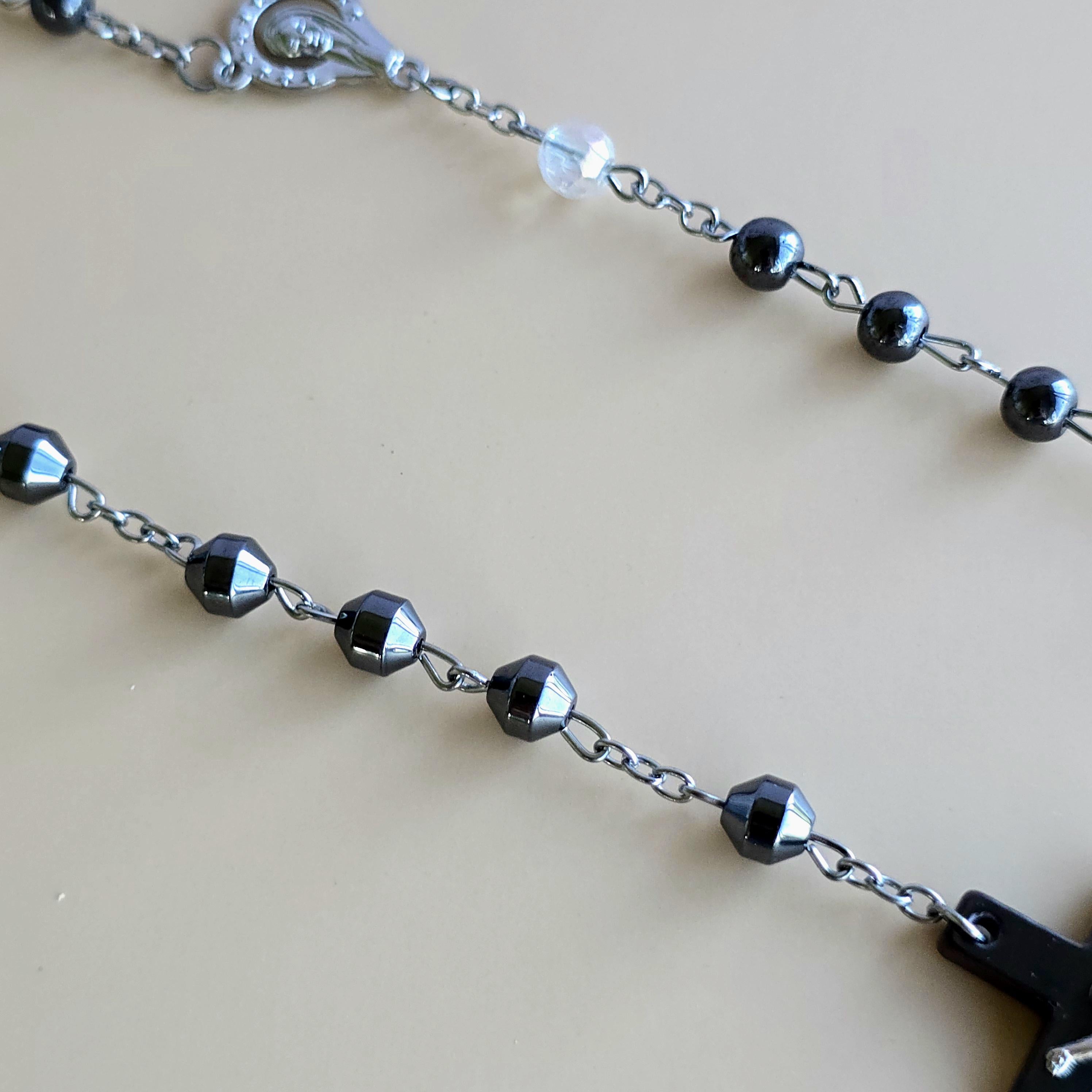 Hematite Rosary Necklace with Crucifix Pendant