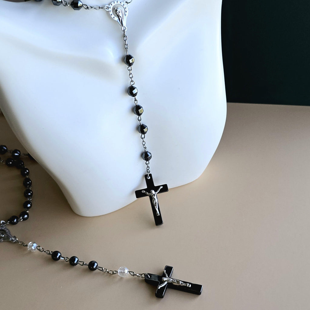 Hematite Rosary Necklace with Crucifix Pendant