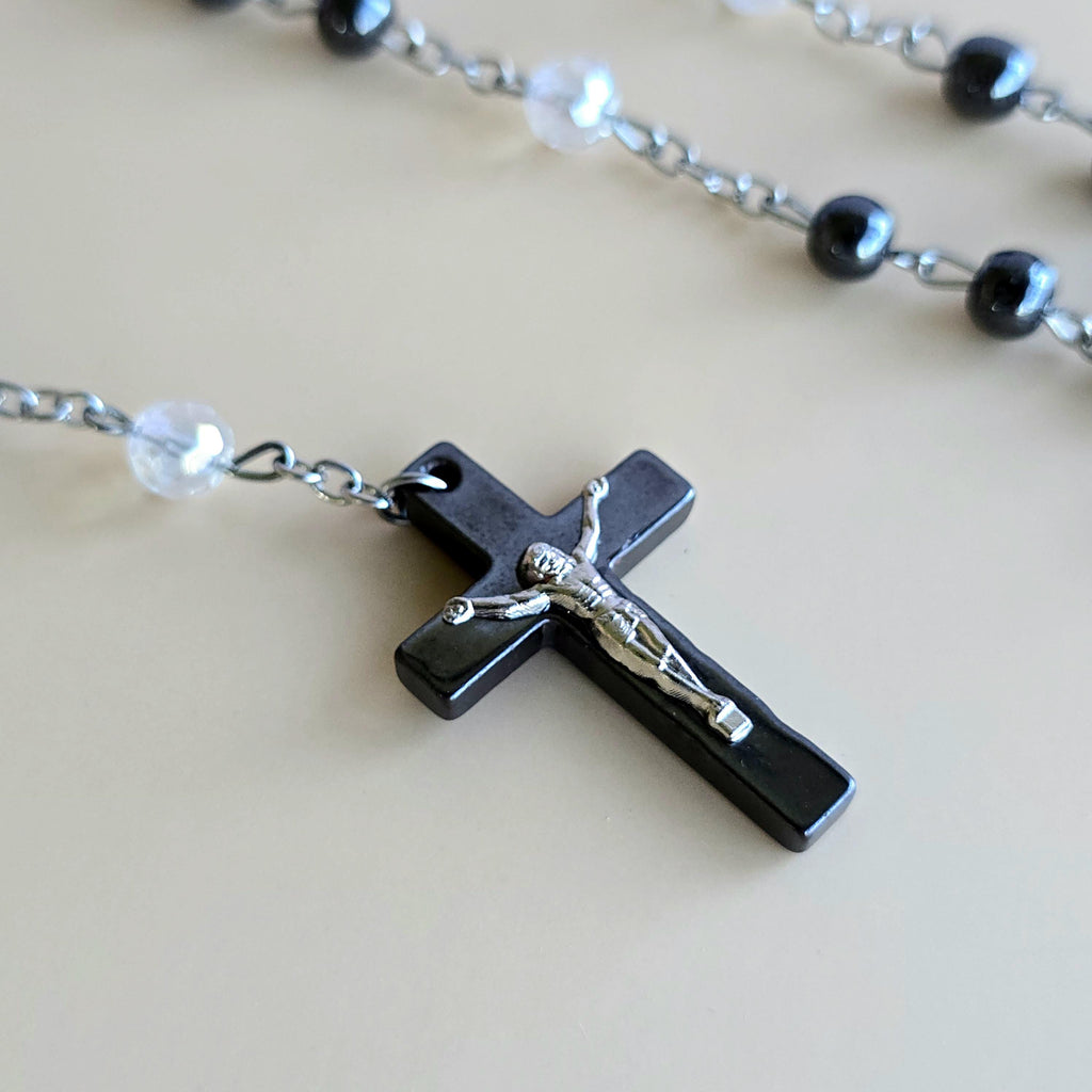Hematite Rosary Necklace with Crucifix Pendant