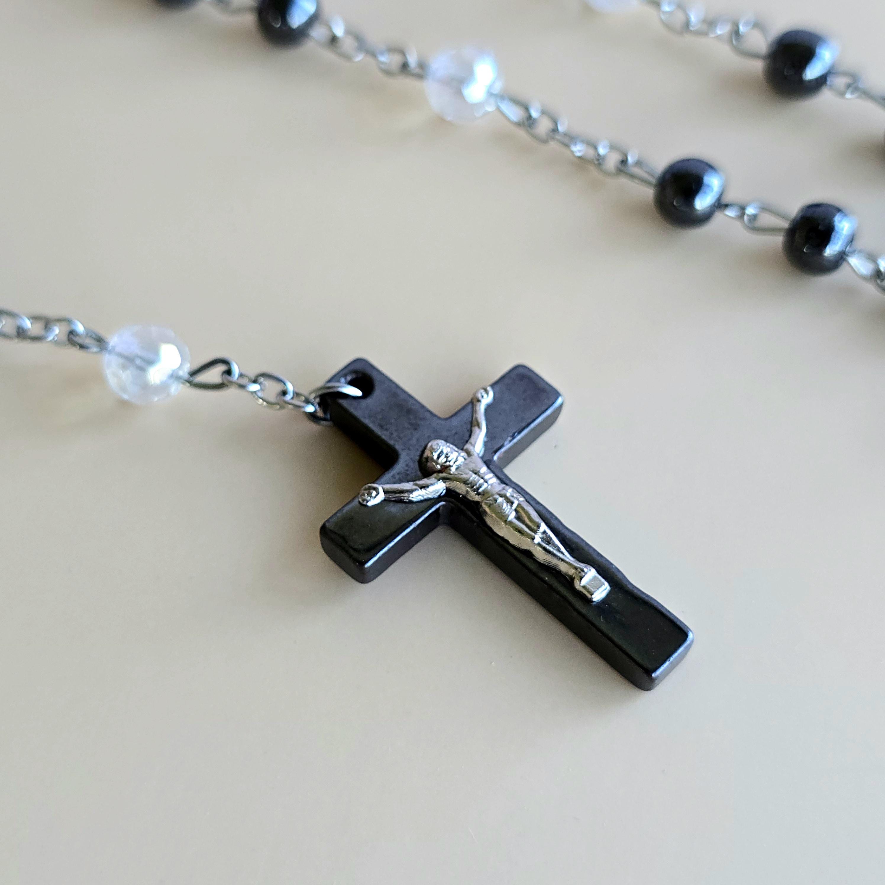 Hematite Rosary Necklace with Crucifix Pendant