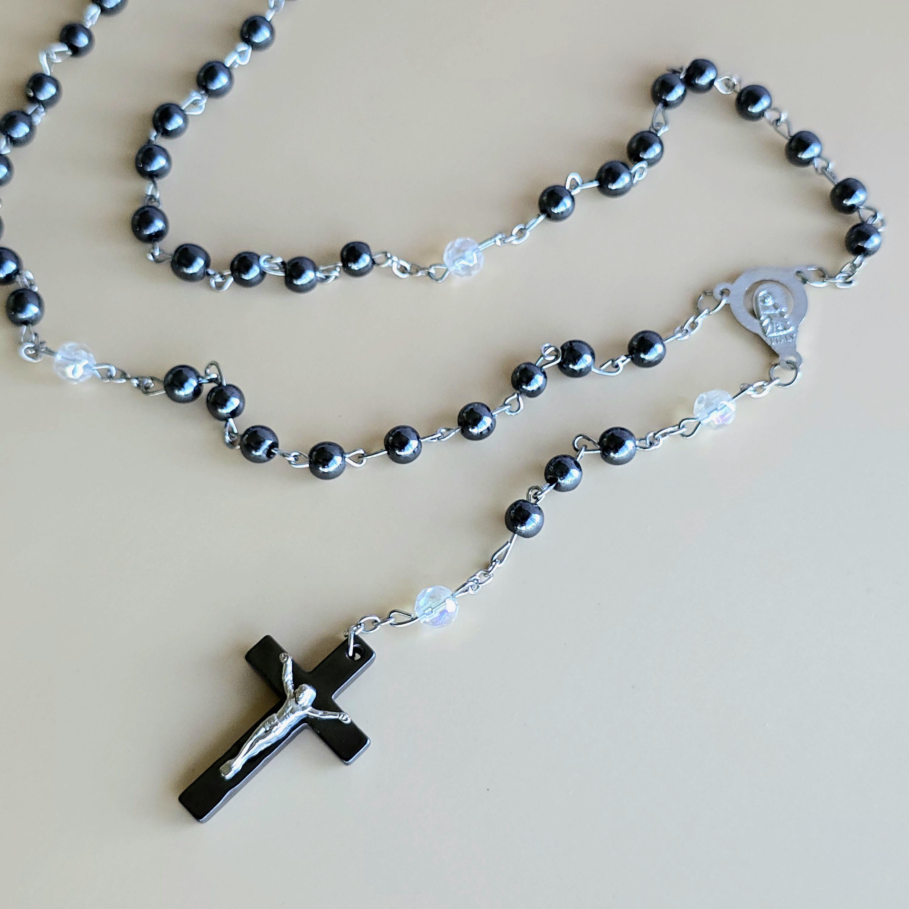Hematite Rosary Necklace with Crucifix Pendant