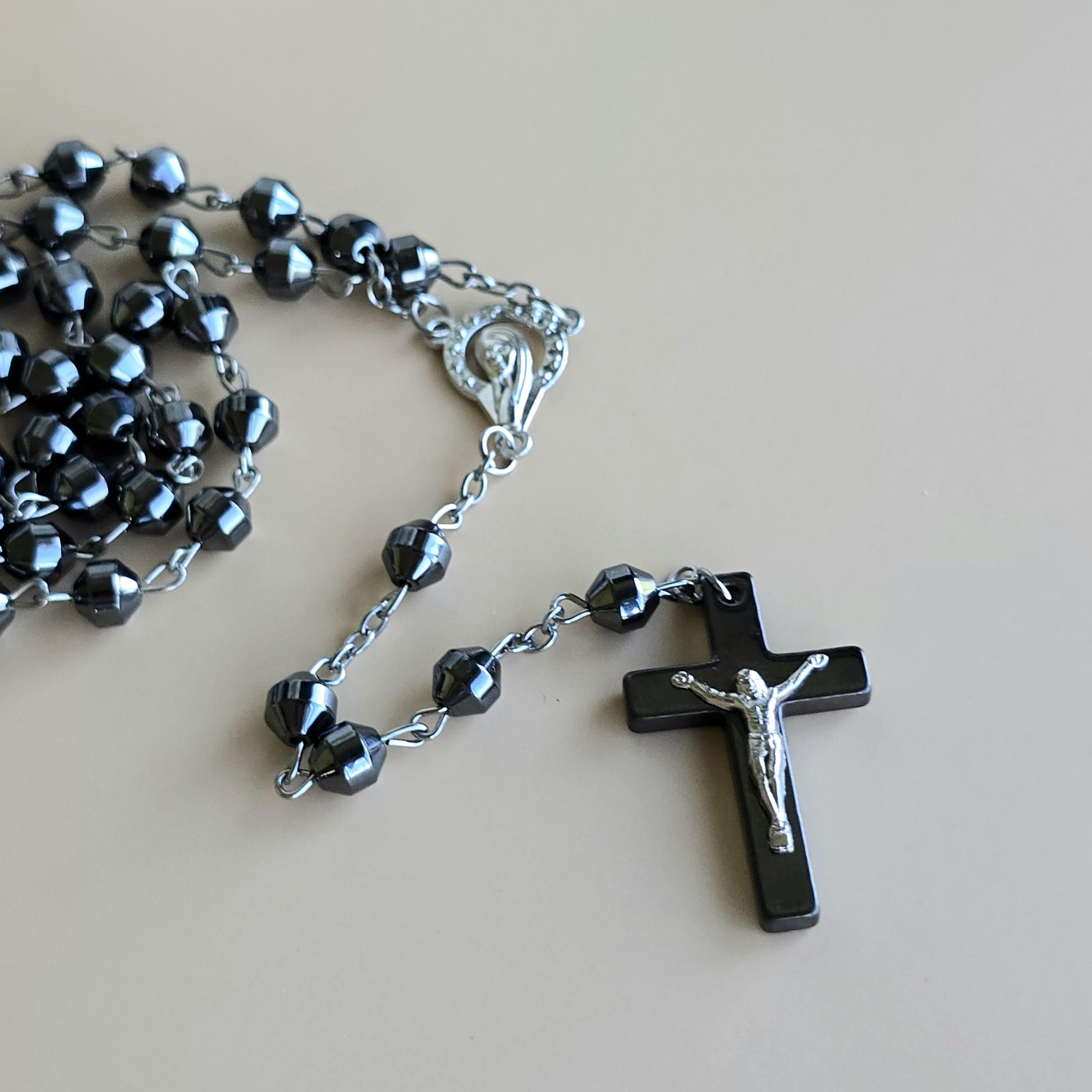 Hematite Rosary Necklace with Crucifix Pendant