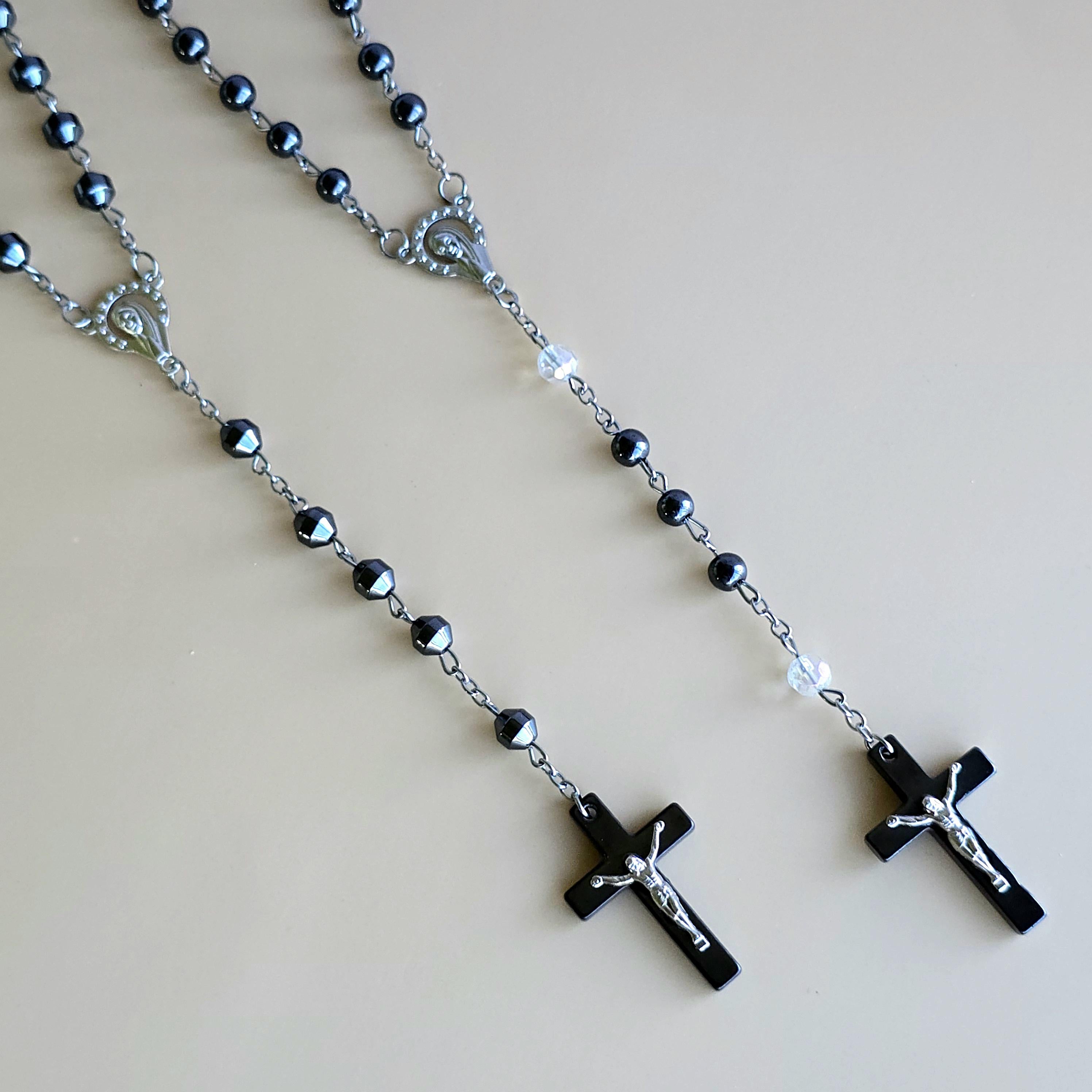 Hematite Rosary Necklace with Crucifix Pendant