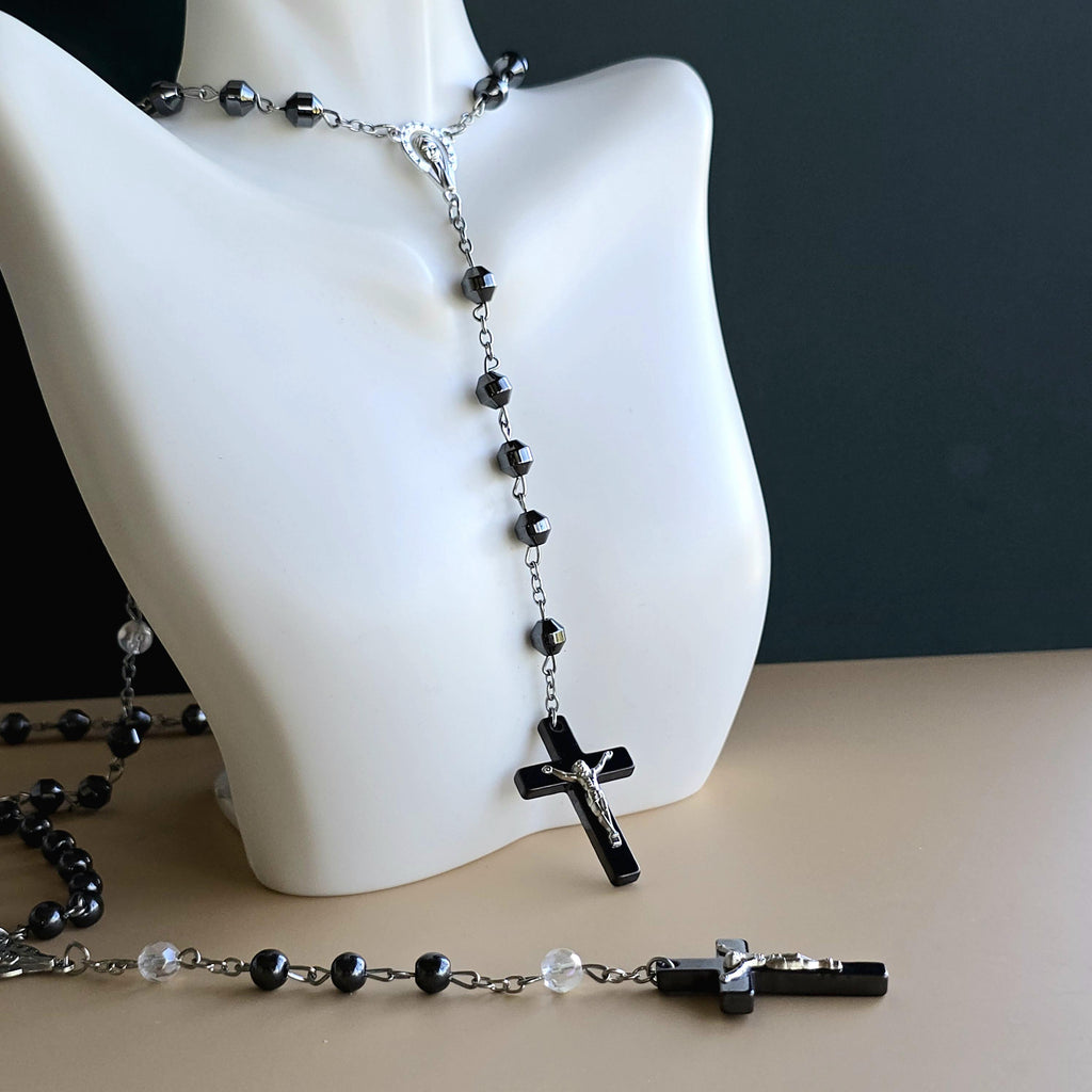 Hematite Rosary Necklace with Crucifix Pendant
