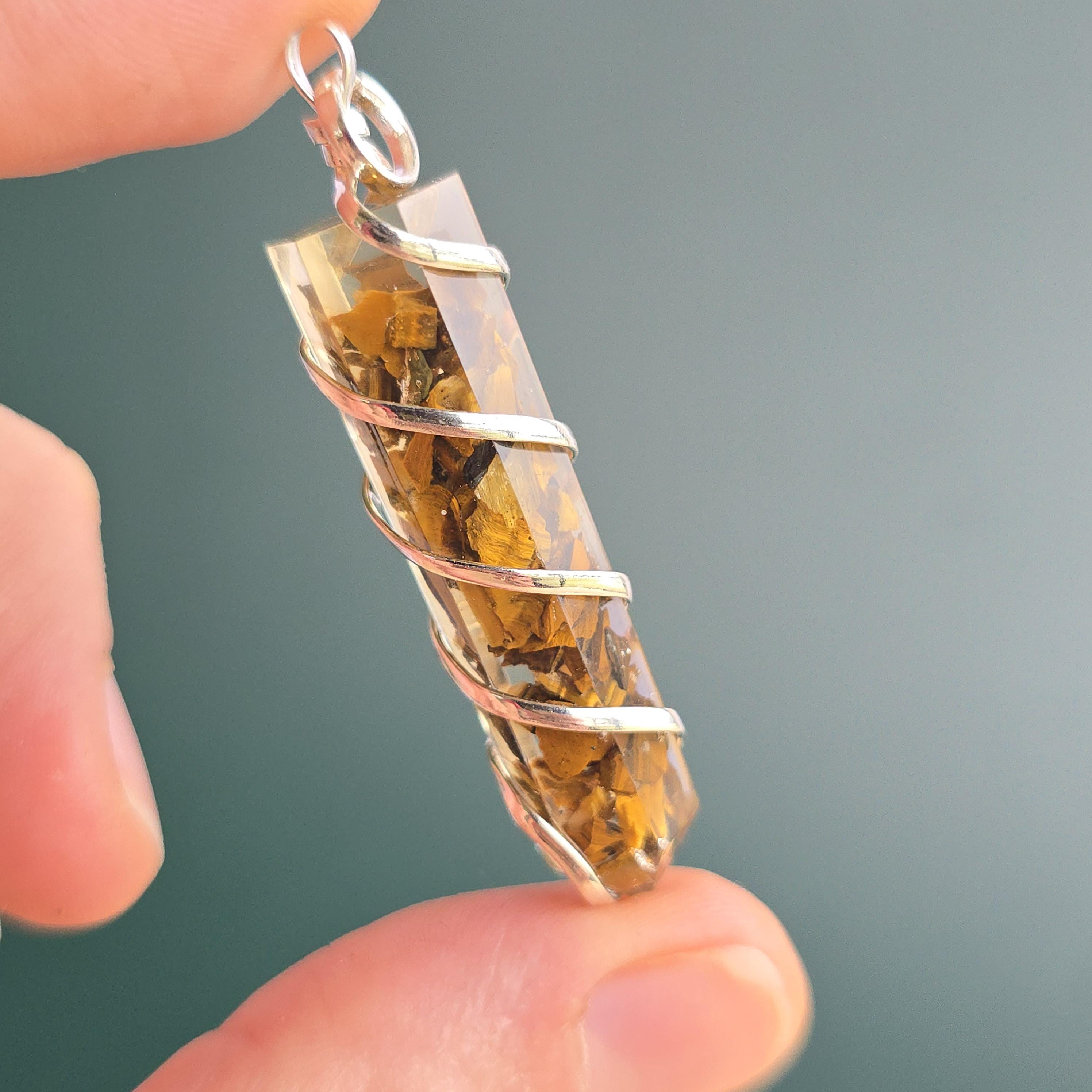 Tigers Eye in Orgonite Coil Wrapped Pendant Necklace