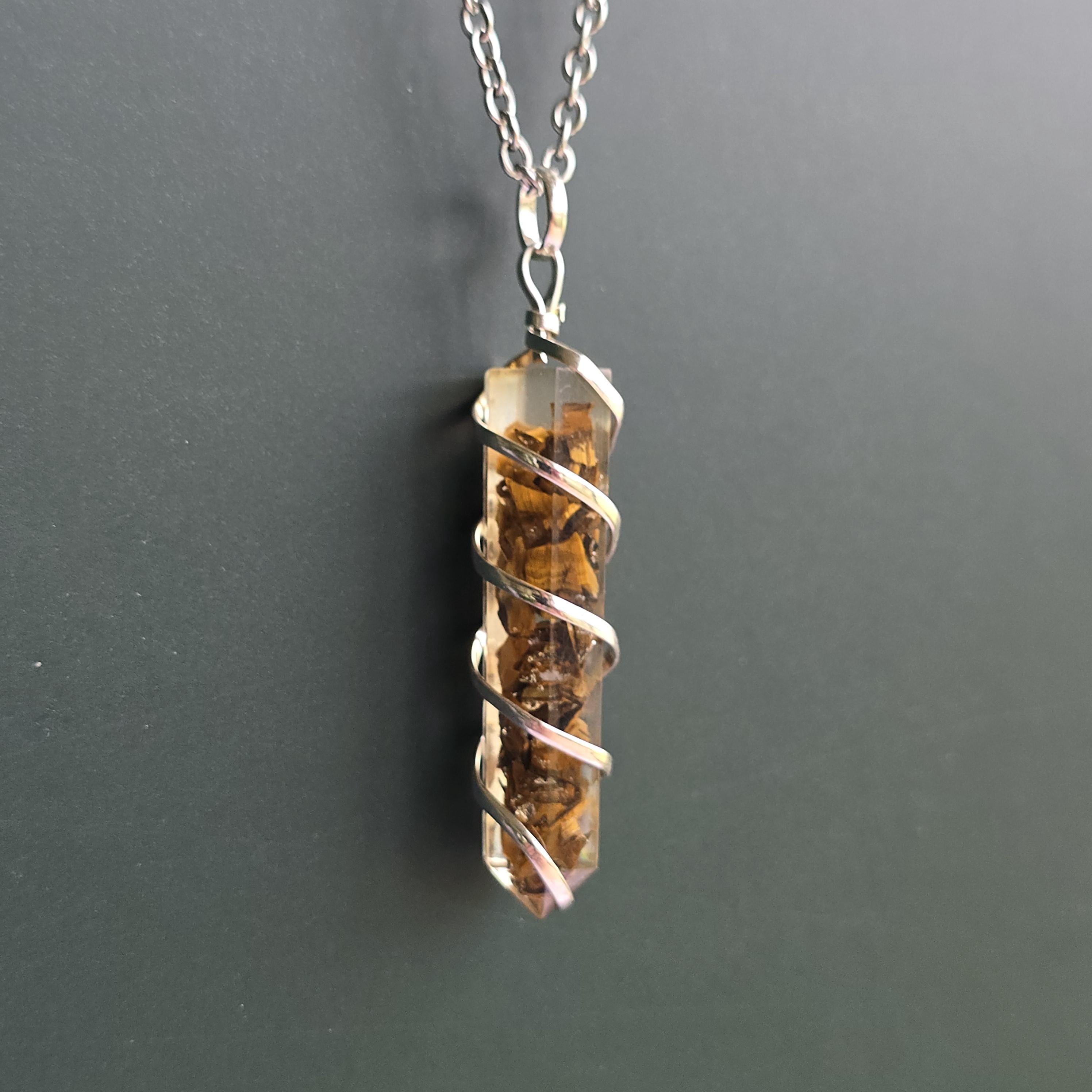Tigers Eye in Orgonite Coil Wrapped Pendant Necklace