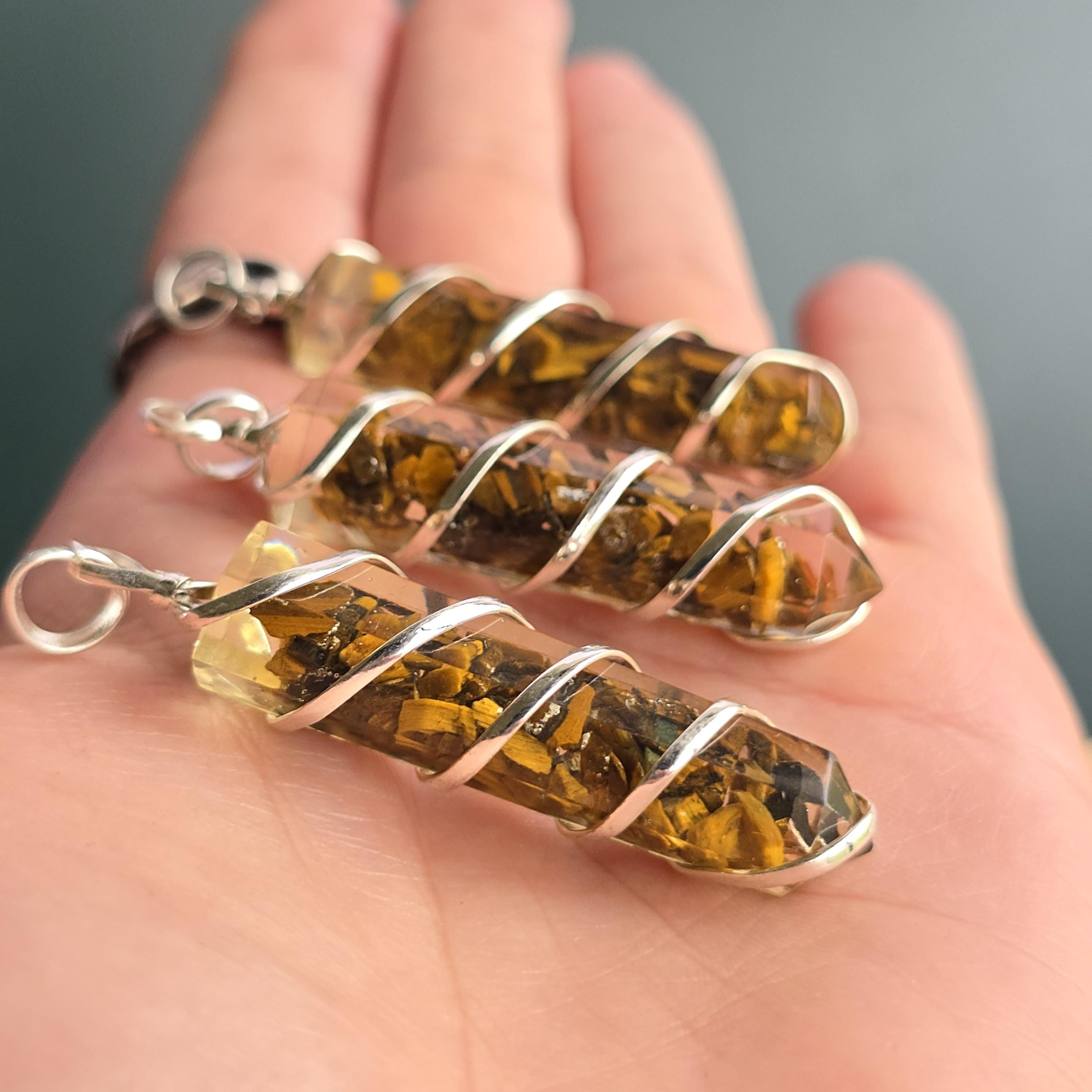 Tigers Eye in Orgonite Coil Wrapped Pendant Necklace