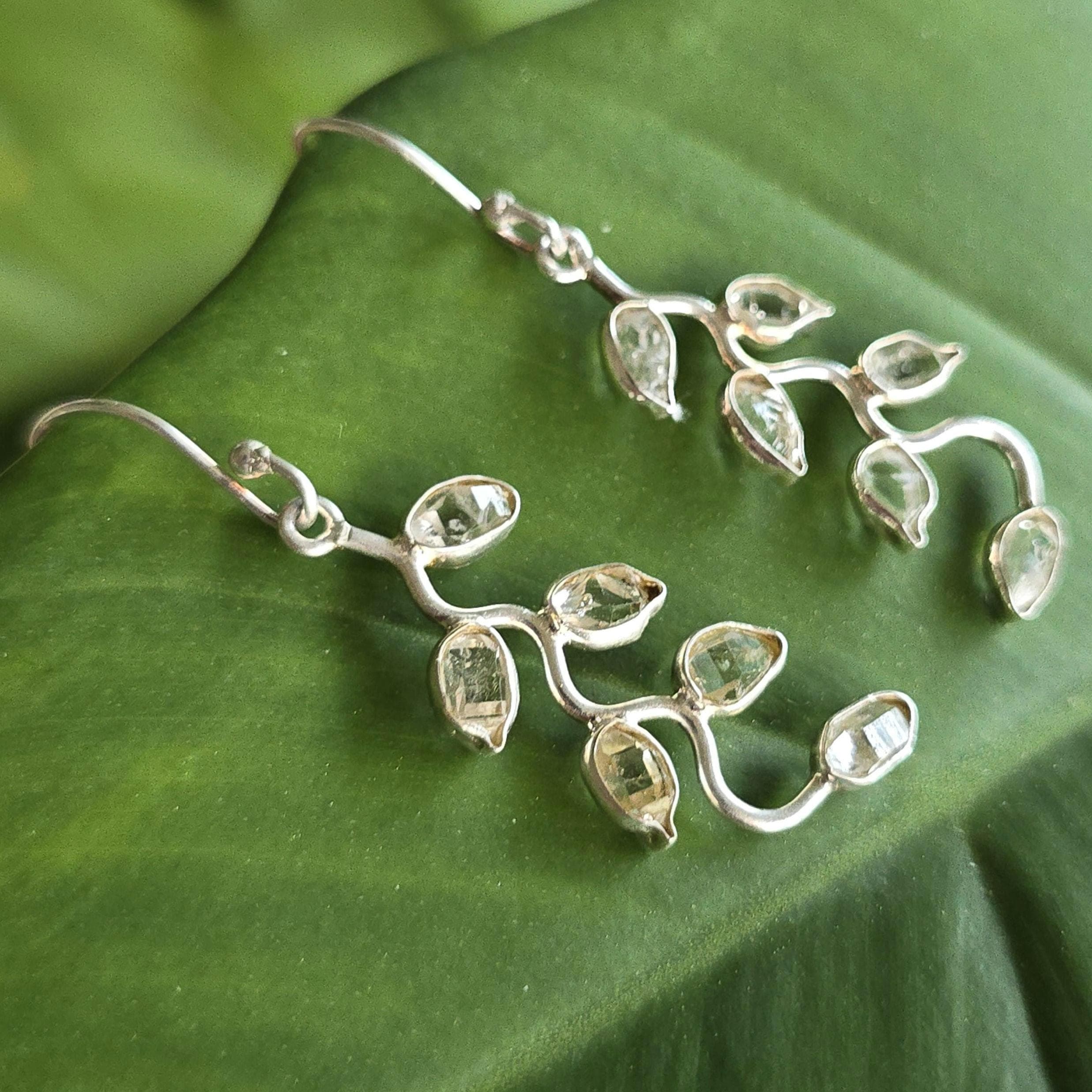 Herkimer Diamond Vine Leaf Sterling Silver Earrings
