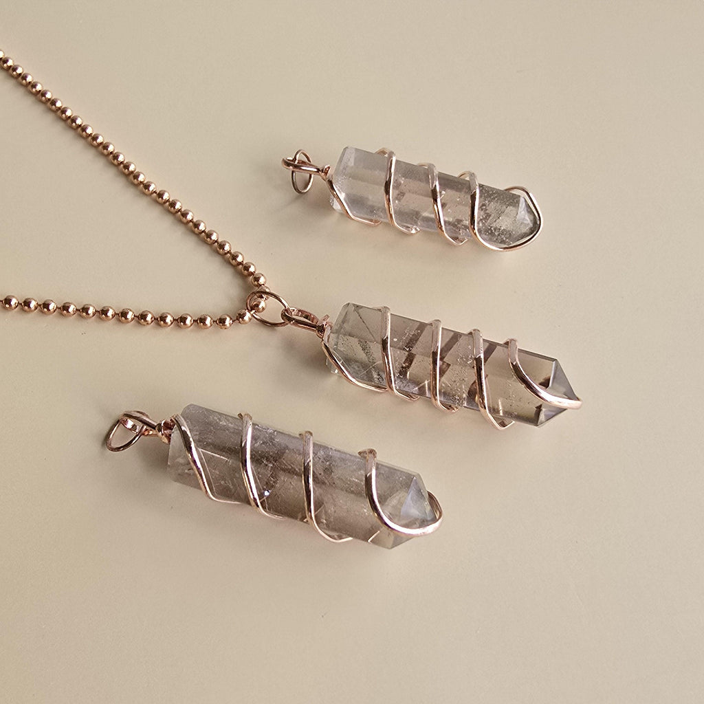 Smoky Quartz Pendant Necklace: Wire Wrapped Gemstone with Copper Chain