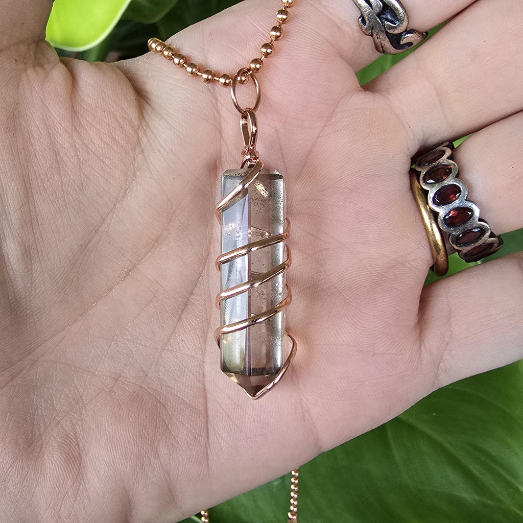 Smoky Quartz Pendant Necklace: Wire Wrapped Gemstone with Copper Chain