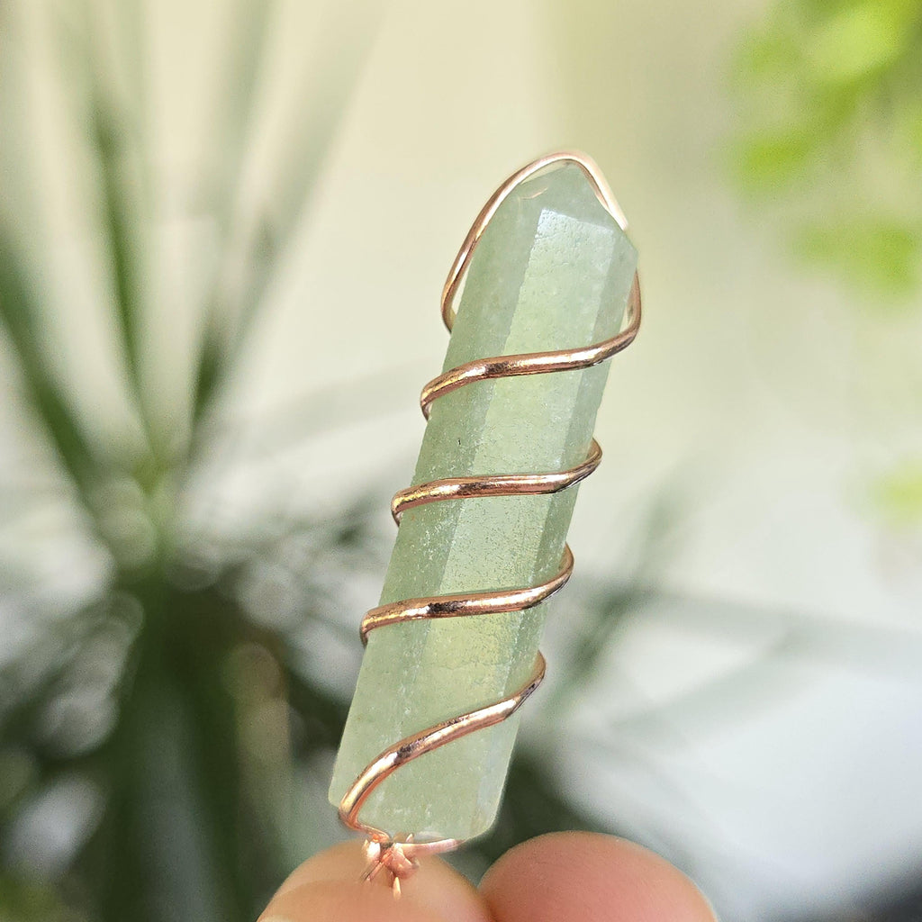 Green Aventurine Pendant Necklace: Wire Wrapped Gemstone with Copper Chain