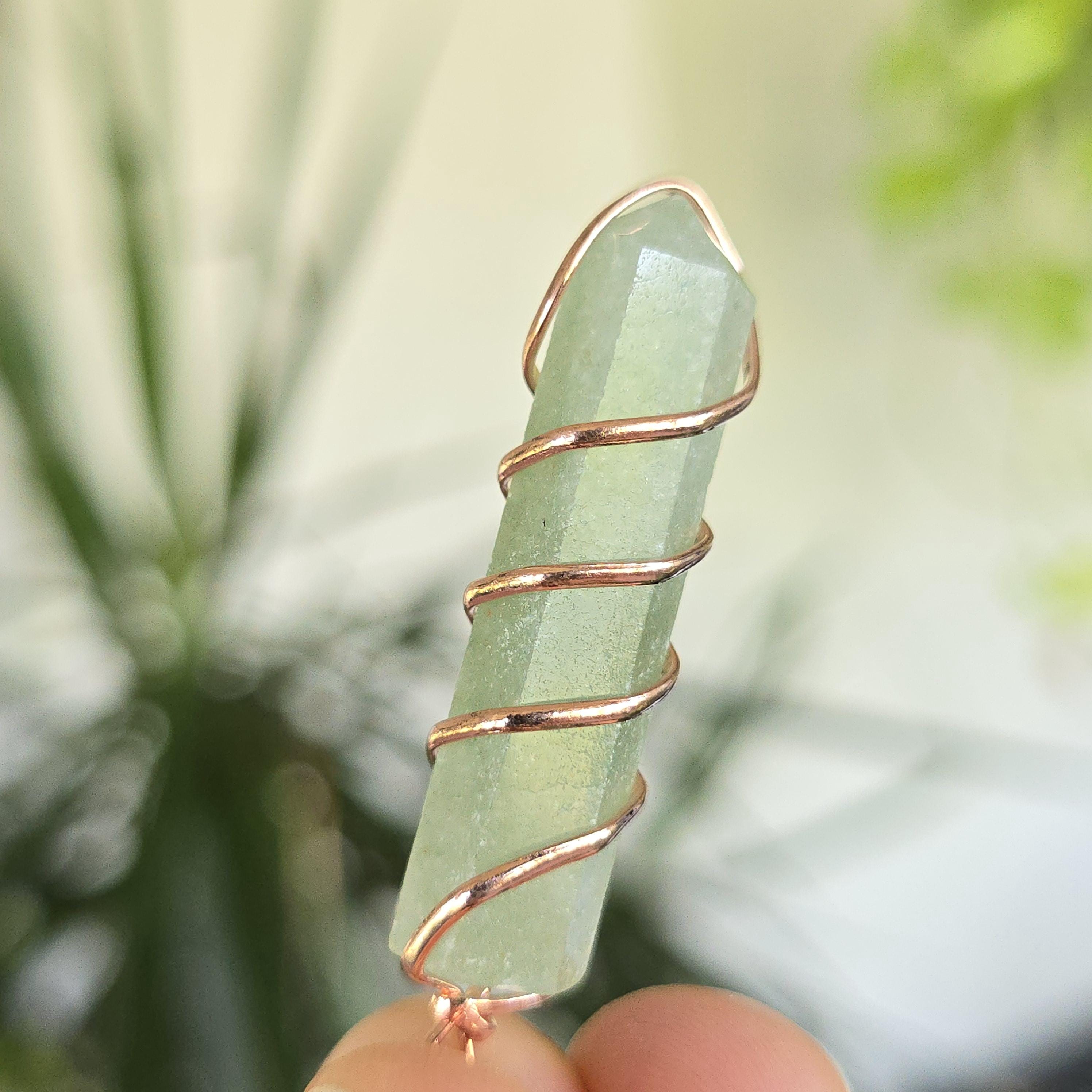 Green Aventurine Pendant Necklace: Wire Wrapped Gemstone with Copper Chain
