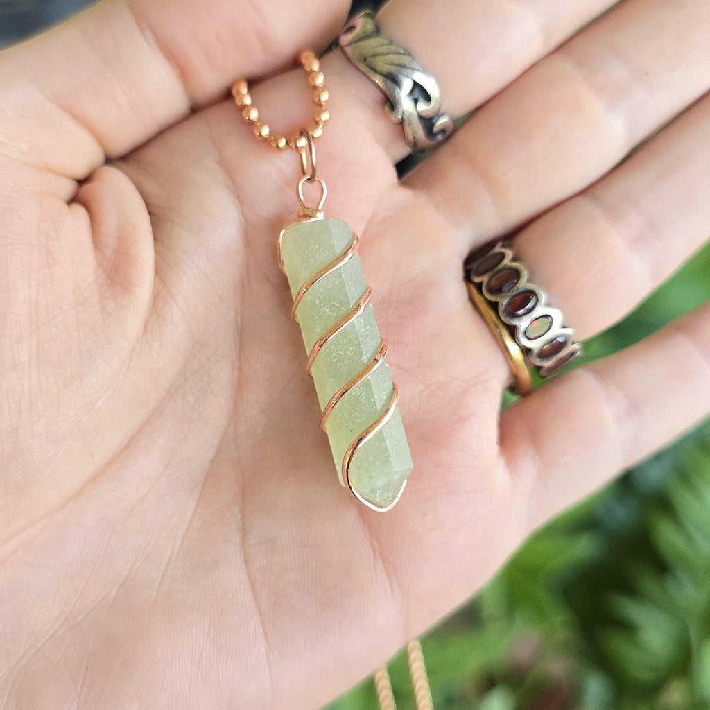 Green Aventurine Pendant Necklace: Wire Wrapped Gemstone with Copper Chain
