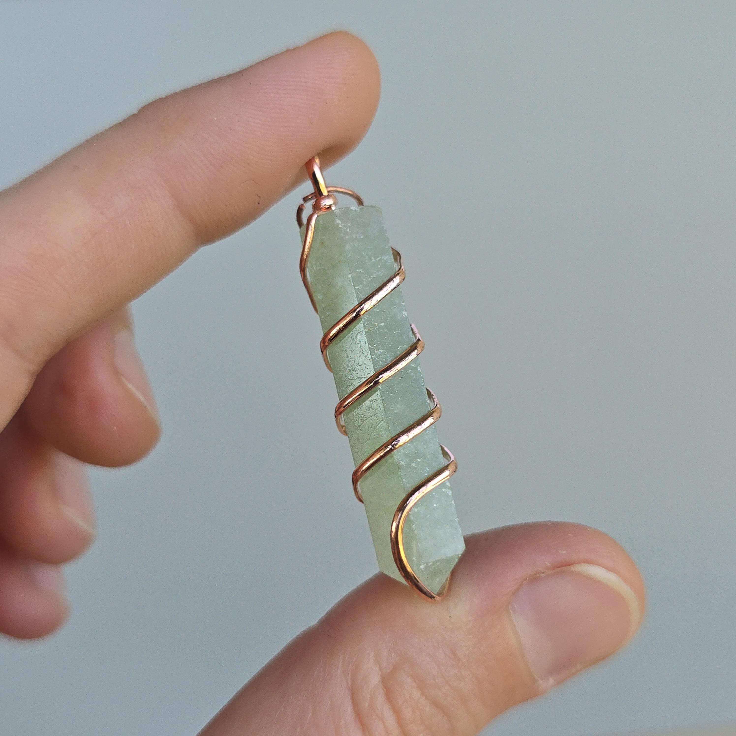 Green Aventurine Pendant Necklace: Wire Wrapped Gemstone with Copper Chain