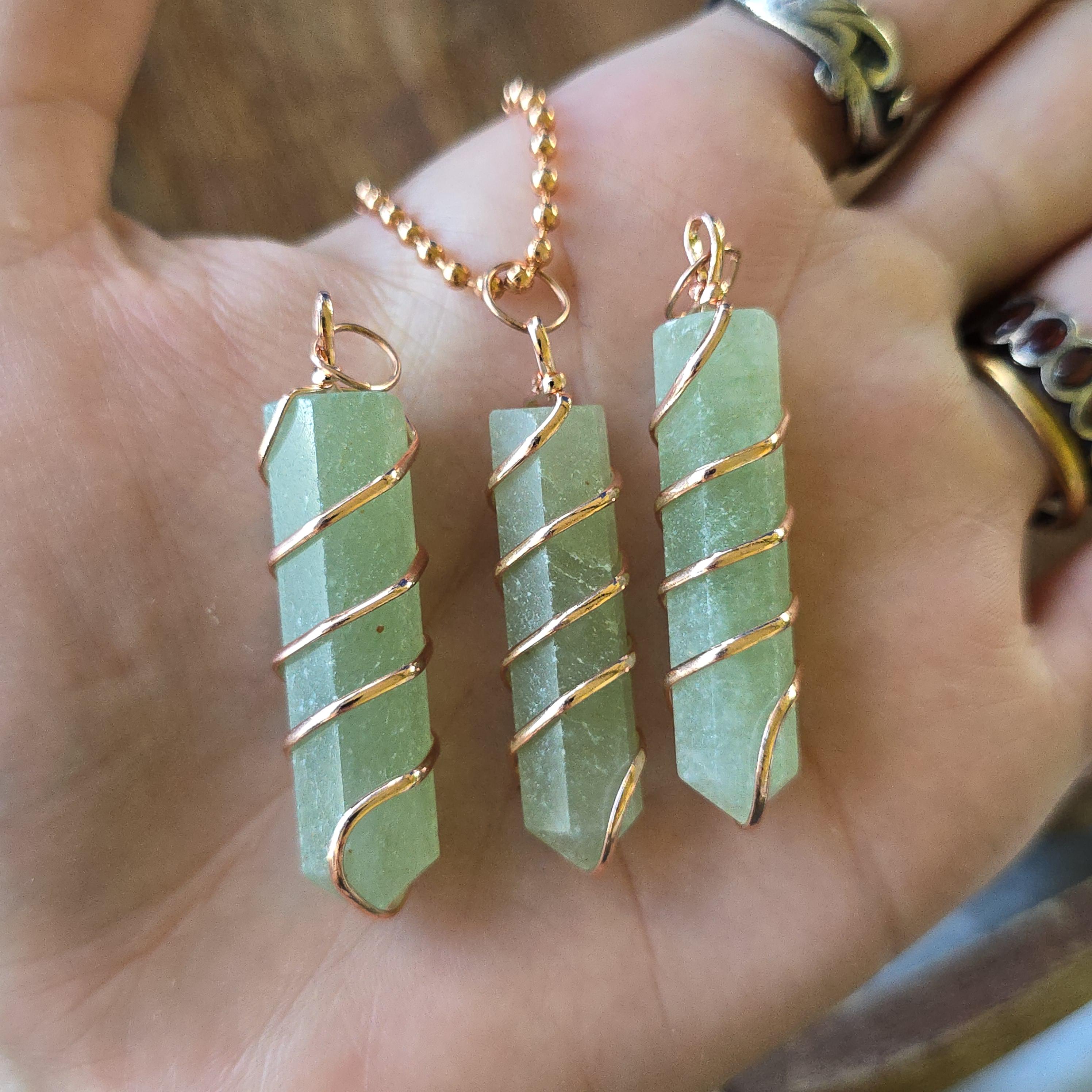Green Aventurine Pendant Necklace: Wire Wrapped Gemstone with Copper Chain