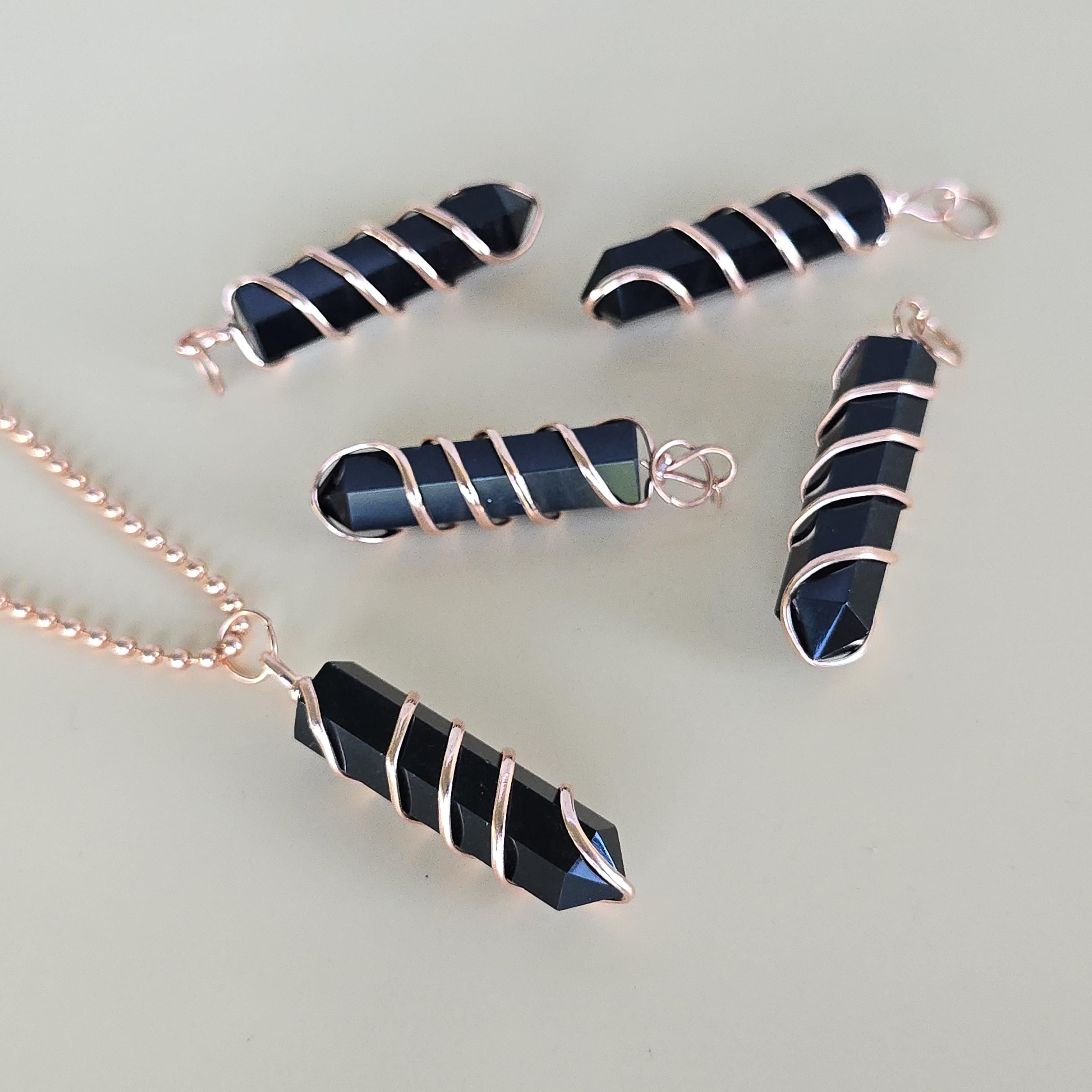 Black Obsidian Pendant Necklace: Wire Wrapped Gemstone with Copper Chain
