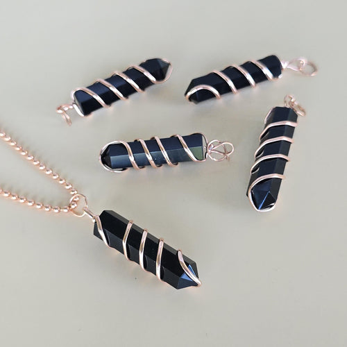 Black Obsidian Pendant Necklace: Wire Wrapped Gemstone with Copper Chain