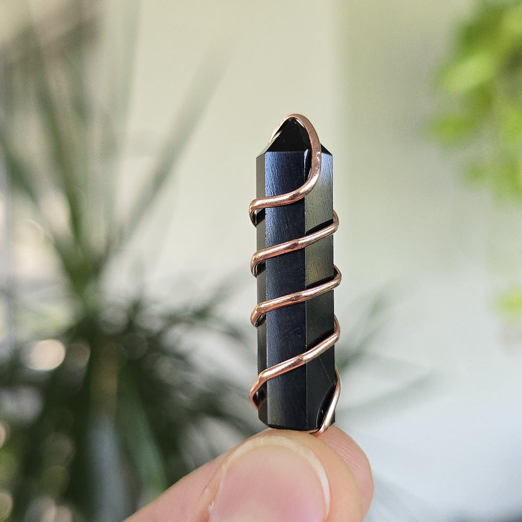 Black Obsidian Pendant Necklace: Wire Wrapped Gemstone with Copper Chain