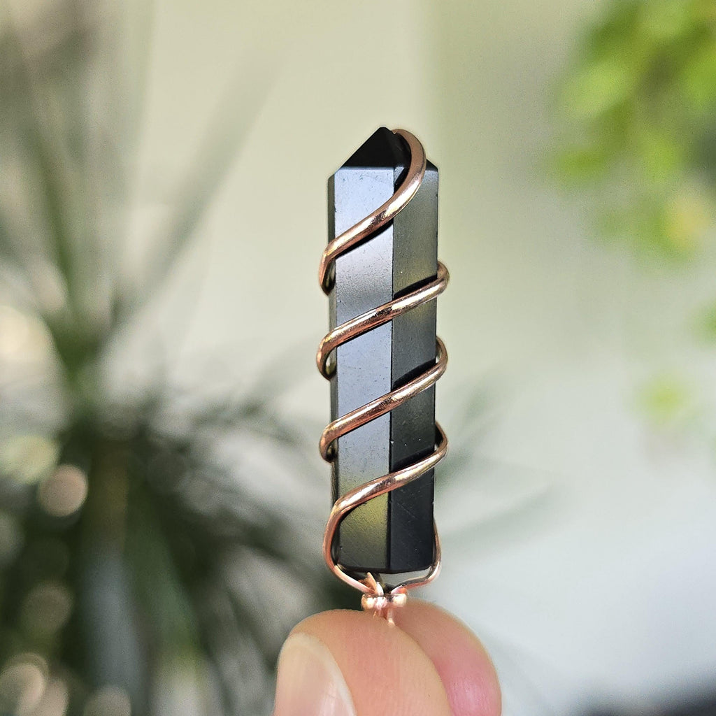 Black Obsidian Pendant Necklace: Wire Wrapped Gemstone with Copper Chain