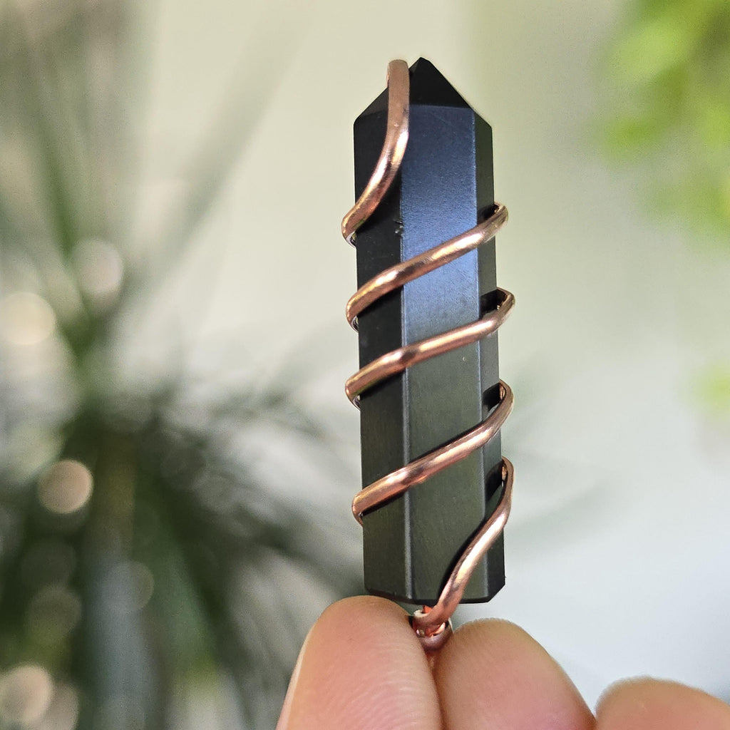 Black Obsidian Pendant Necklace: Wire Wrapped Gemstone with Copper Chain