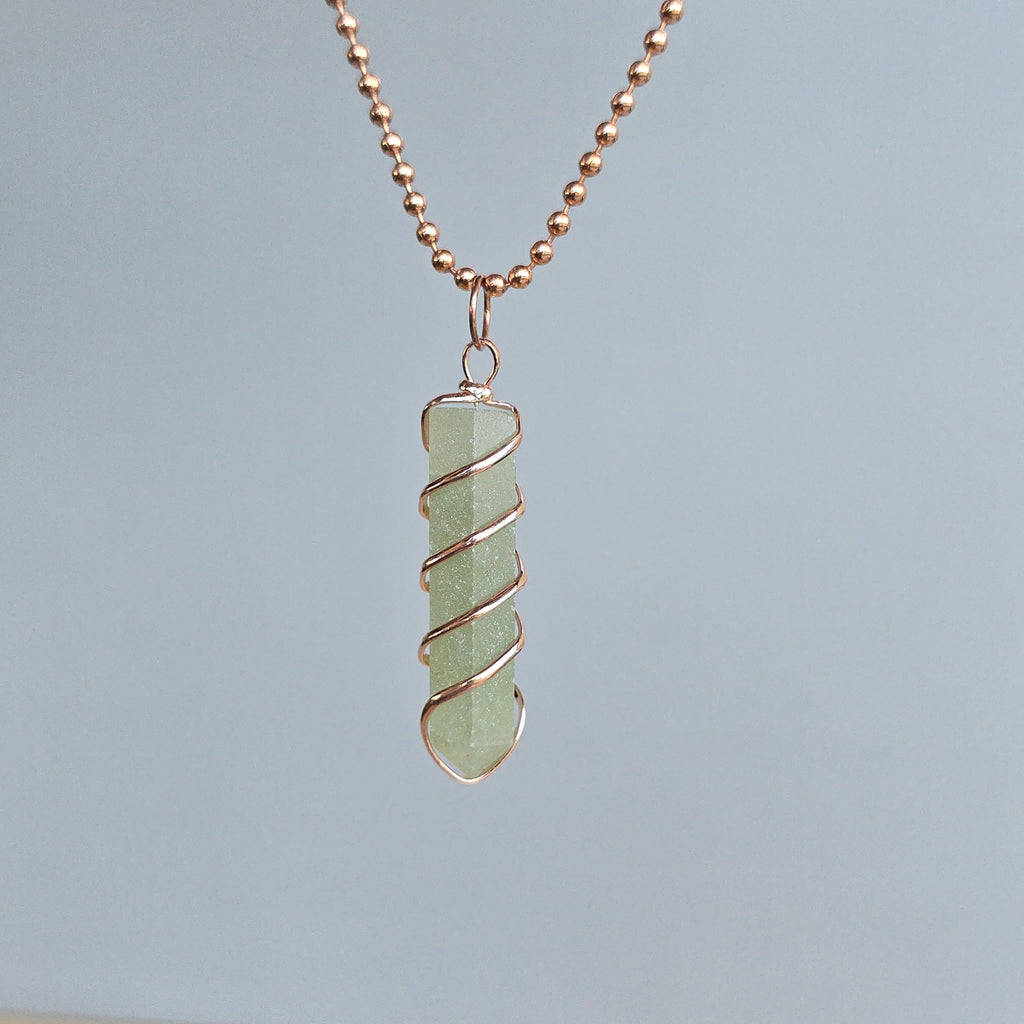 Green Aventurine Pendant Necklace: Wire Wrapped Gemstone with Copper Chain