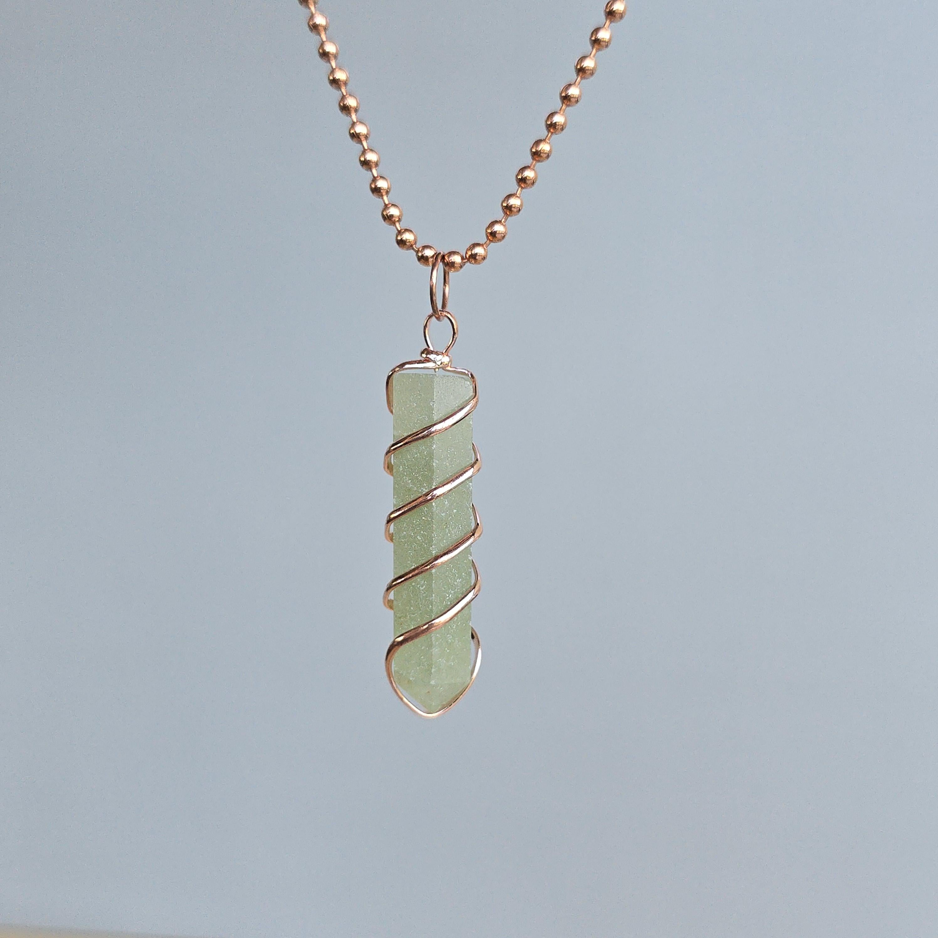 Green Aventurine Pendant Necklace: Wire Wrapped Gemstone with Copper Chain