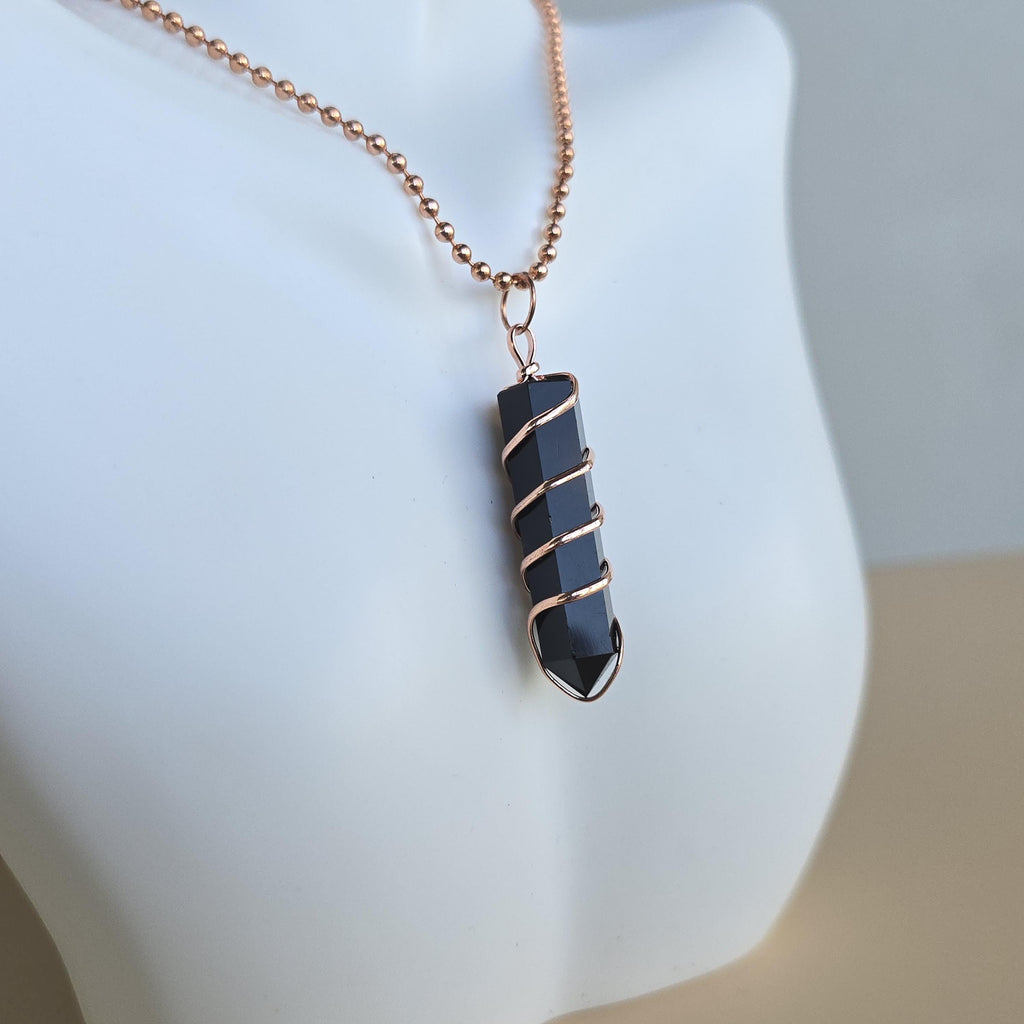 Black Obsidian Pendant Necklace: Wire Wrapped Gemstone with Copper Chain