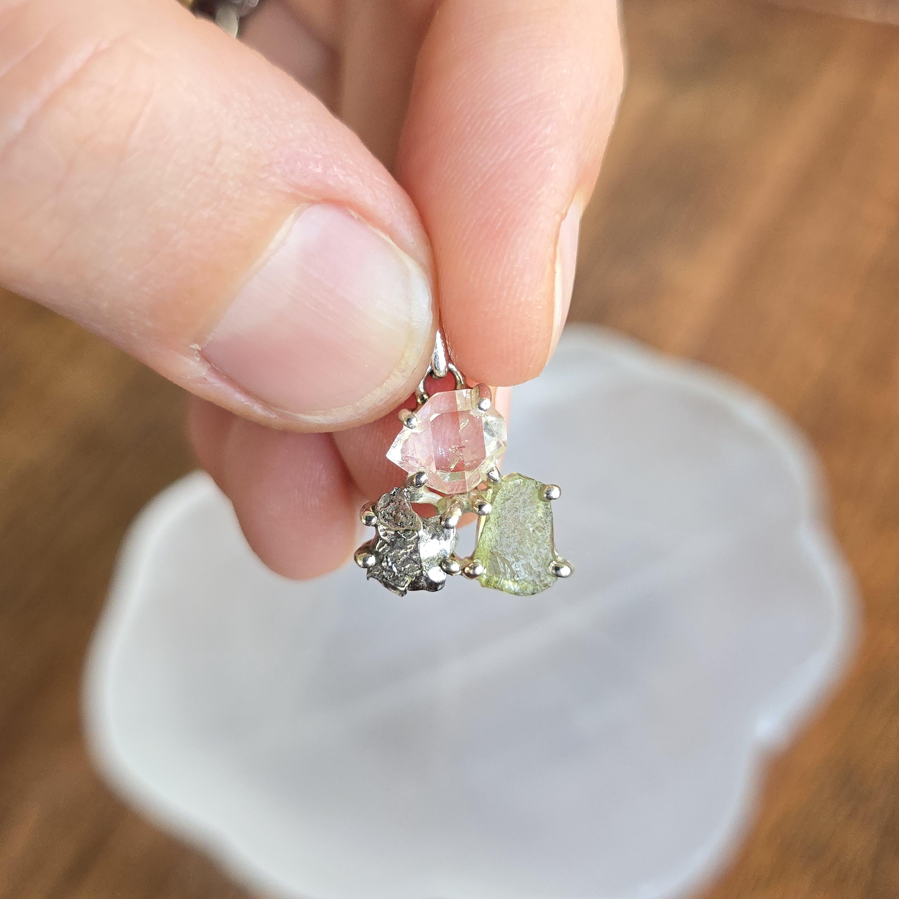 Moldavite, Meteorite & Herkimer Diamond Sterling Silver Pendant Necklace