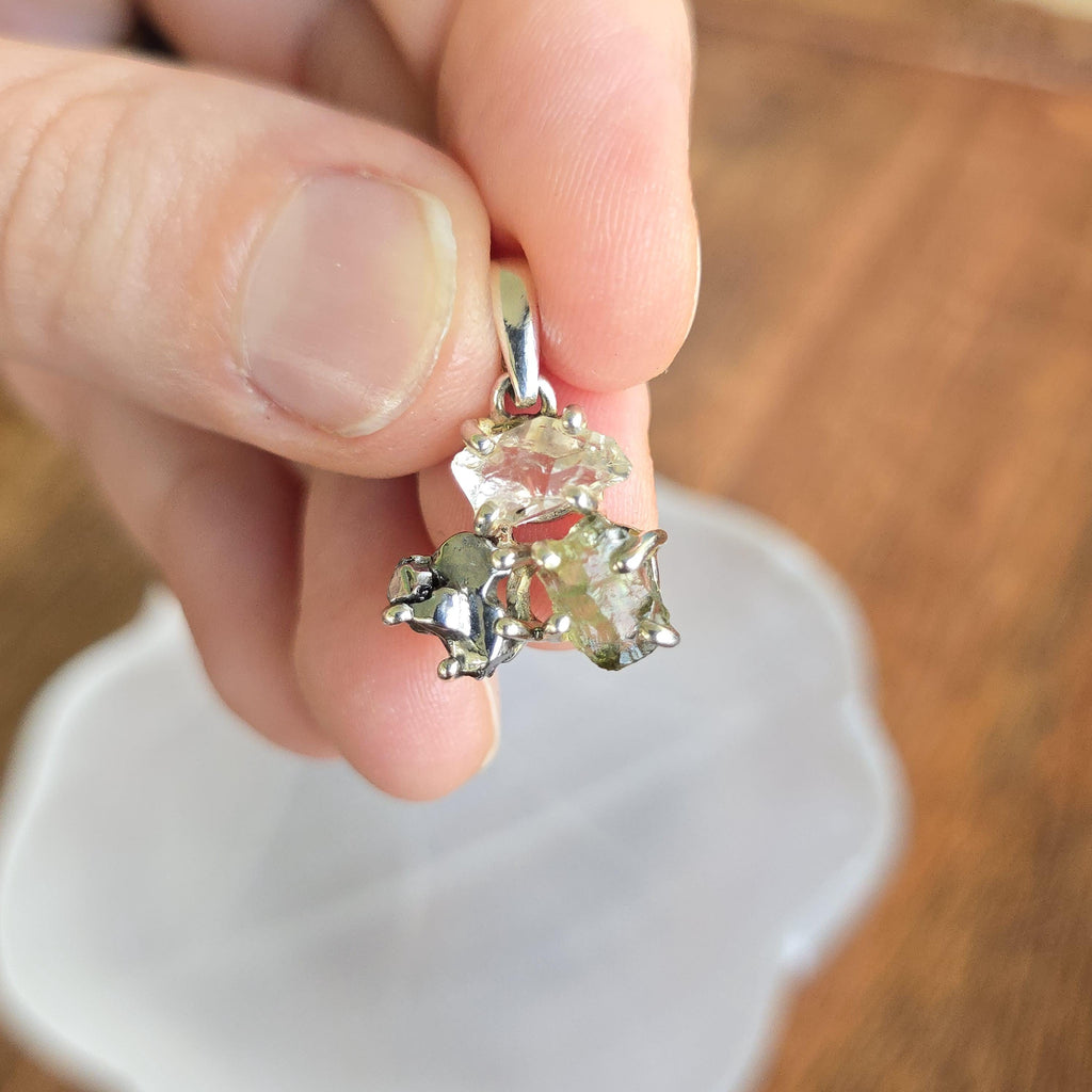 Moldavite, Meteorite & Herkimer Diamond Sterling Silver Pendant Necklace
