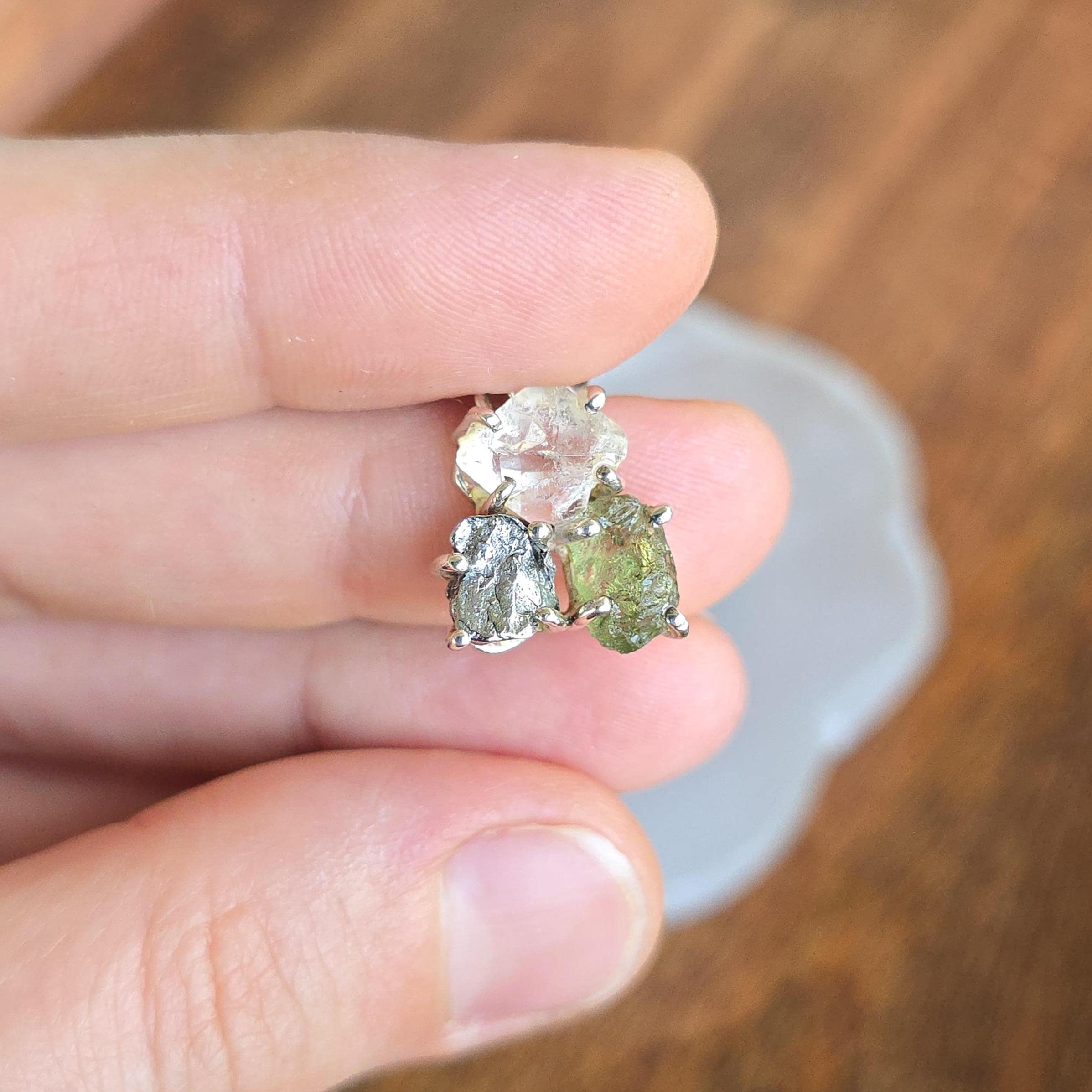 Moldavite, Meteorite & Herkimer Diamond Sterling Silver Pendant Necklace