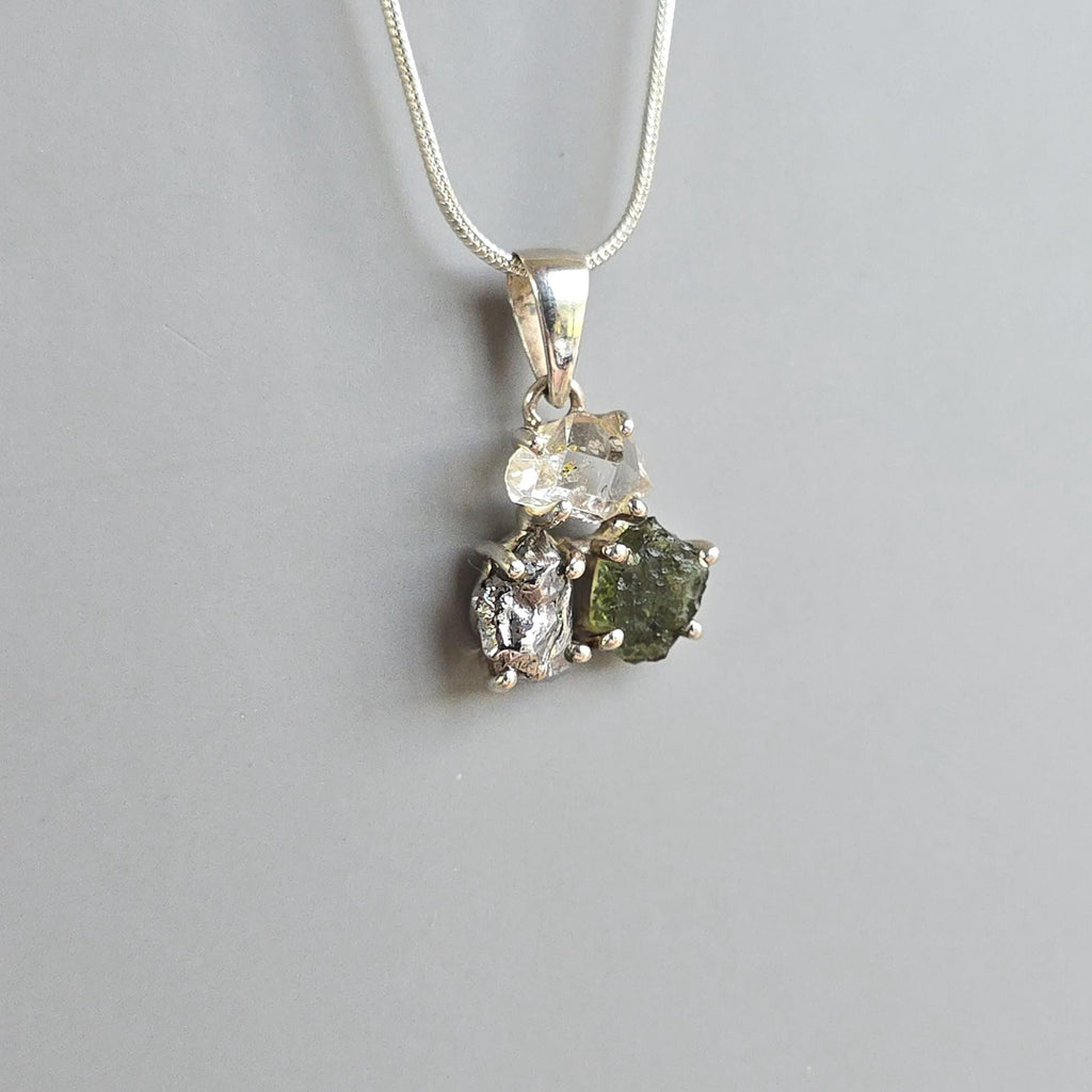 Moldavite, Meteorite & Herkimer Diamond Sterling Silver Pendant Necklace