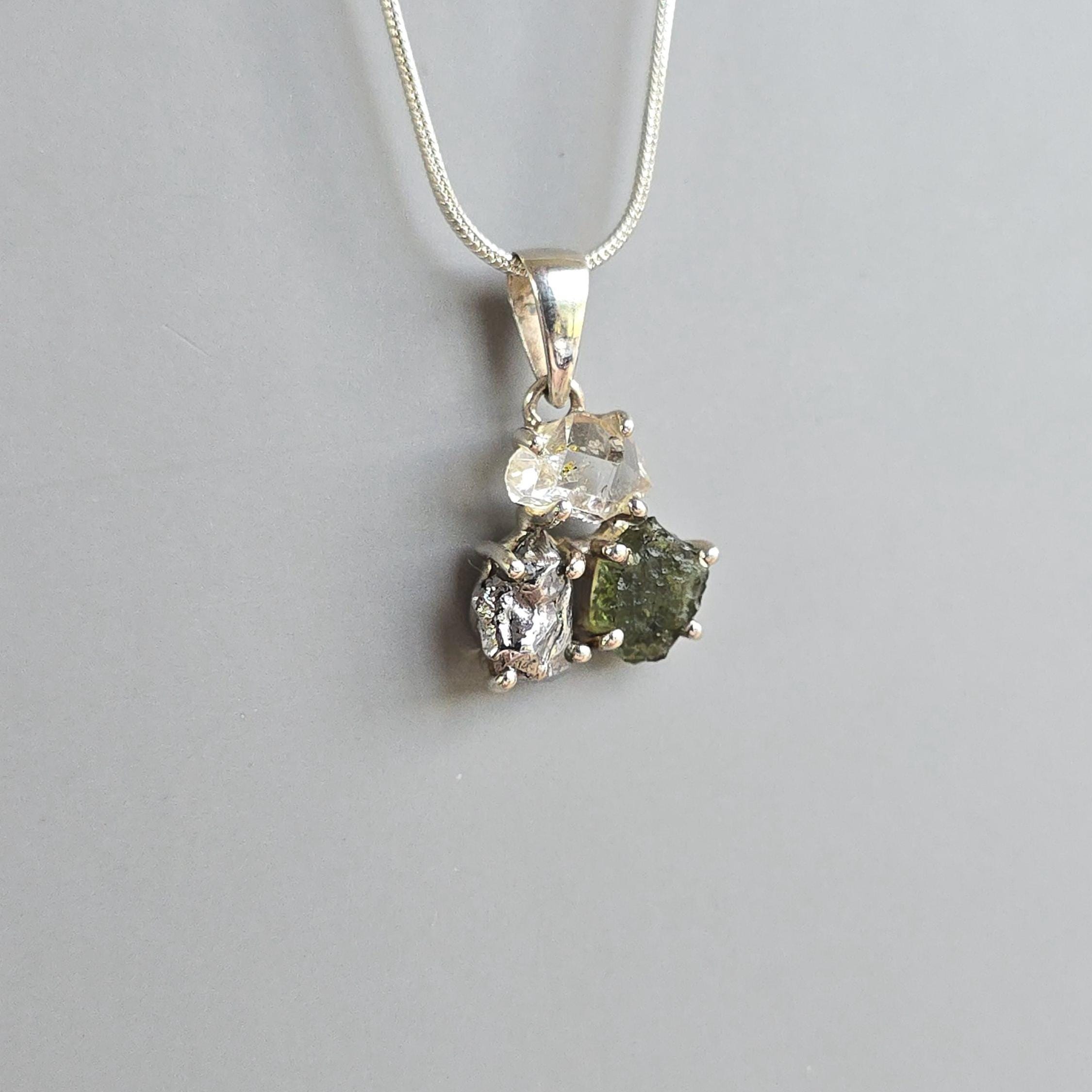 Moldavite, Meteorite & Herkimer Diamond Sterling Silver Pendant Necklace