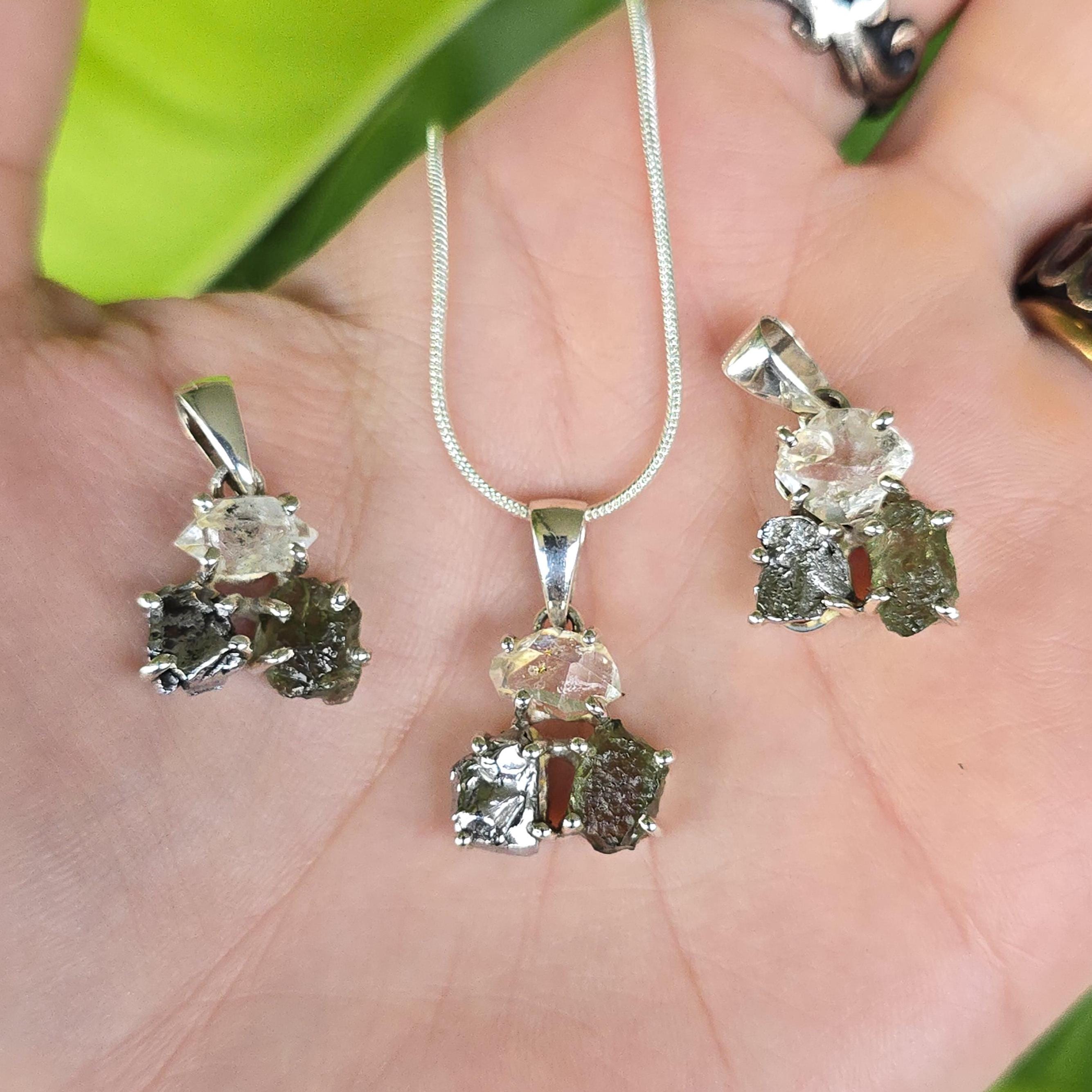 Moldavite, Meteorite & Herkimer Diamond Sterling Silver Pendant Necklace