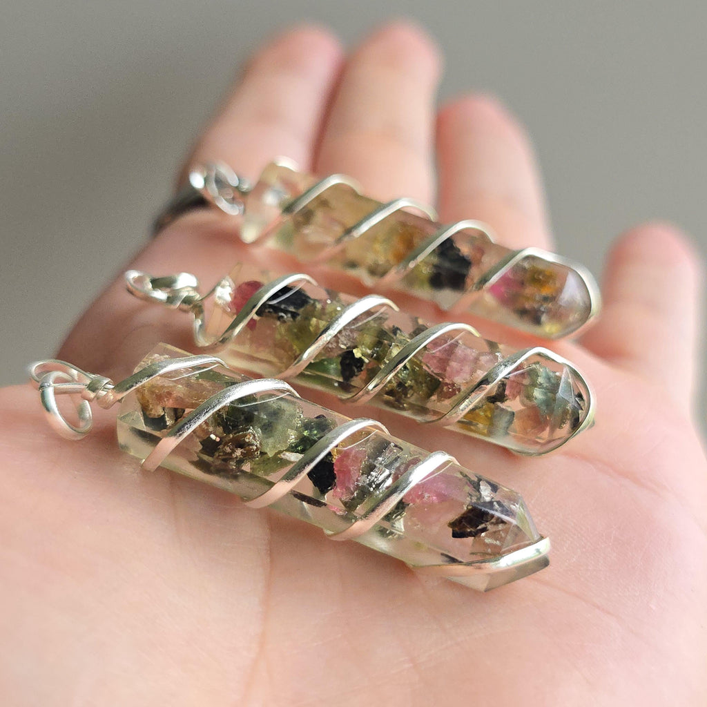 Watermelon Tourmaline in Orgonite Coil Wrapped Pendant Necklace
