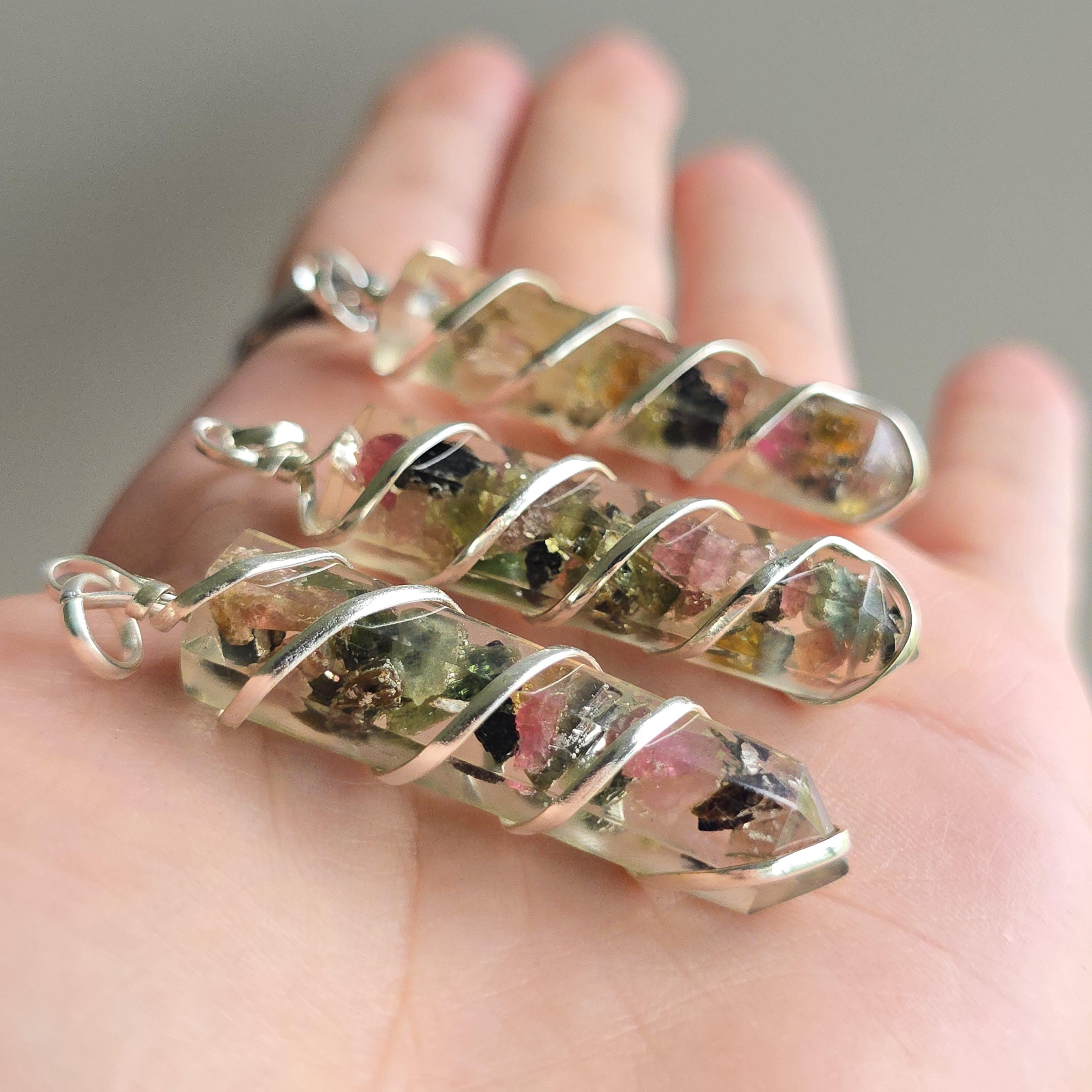Watermelon Tourmaline in Orgonite Coil Wrapped Pendant Necklace