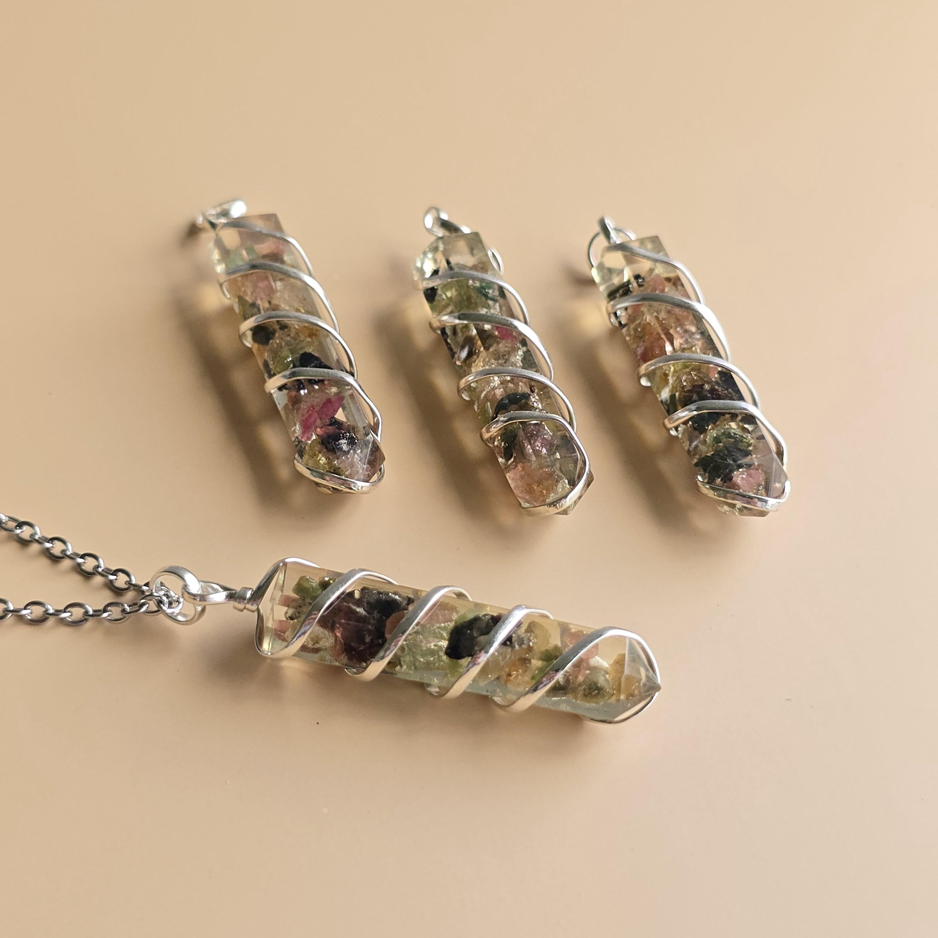 Watermelon Tourmaline in Orgonite Coil Wrapped Pendant Necklace