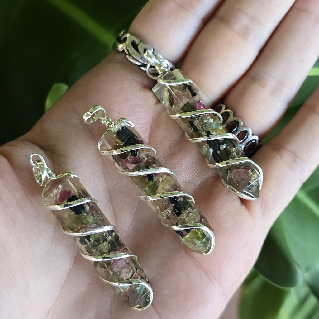 Watermelon Tourmaline in Orgonite Coil Wrapped Pendant Necklace