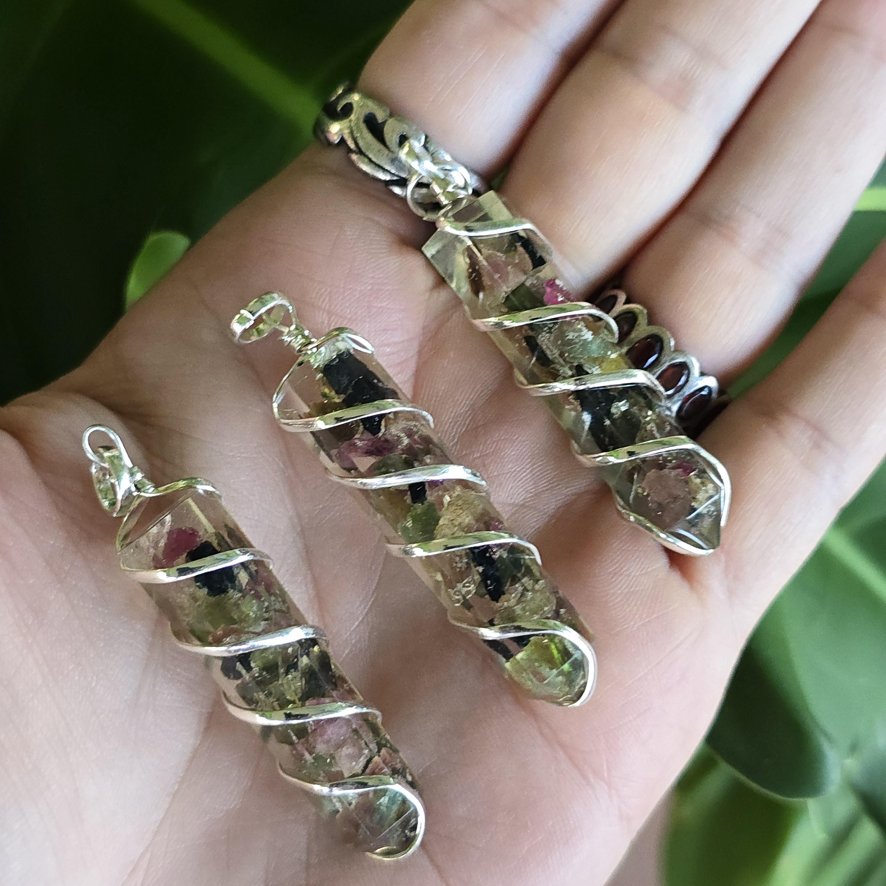 Watermelon Tourmaline in Orgonite Coil Wrapped Pendant Necklace