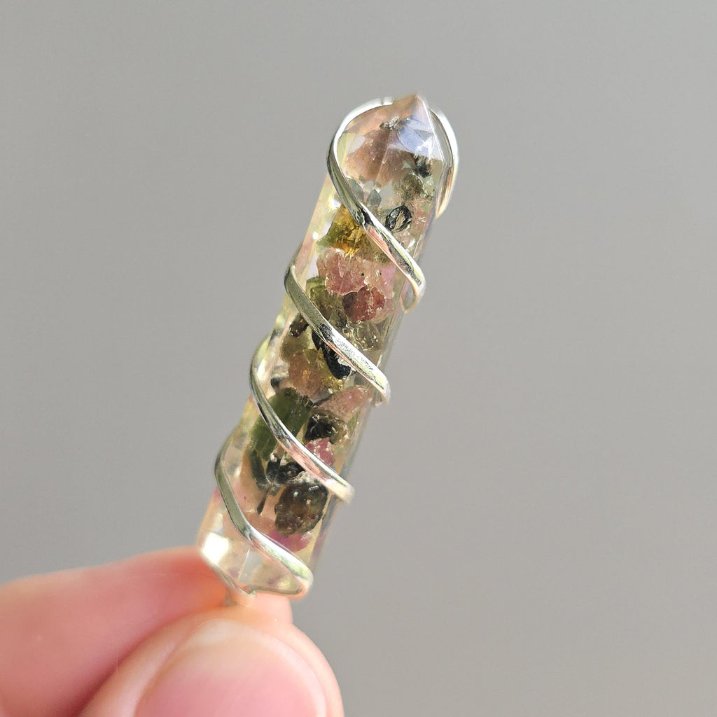 Watermelon Tourmaline in Orgonite Coil Wrapped Pendant Necklace