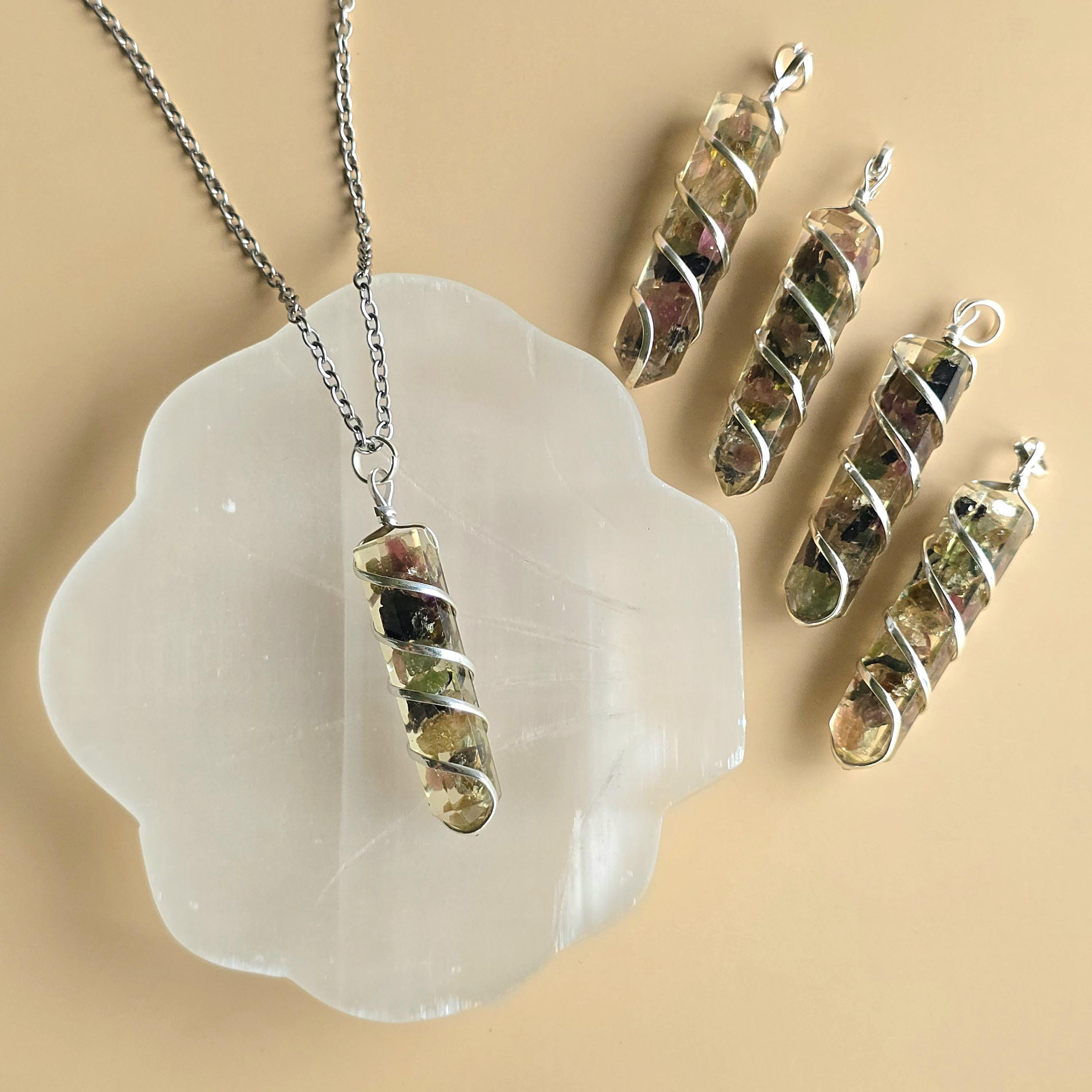 Watermelon Tourmaline in Orgonite Coil Wrapped Pendant Necklace