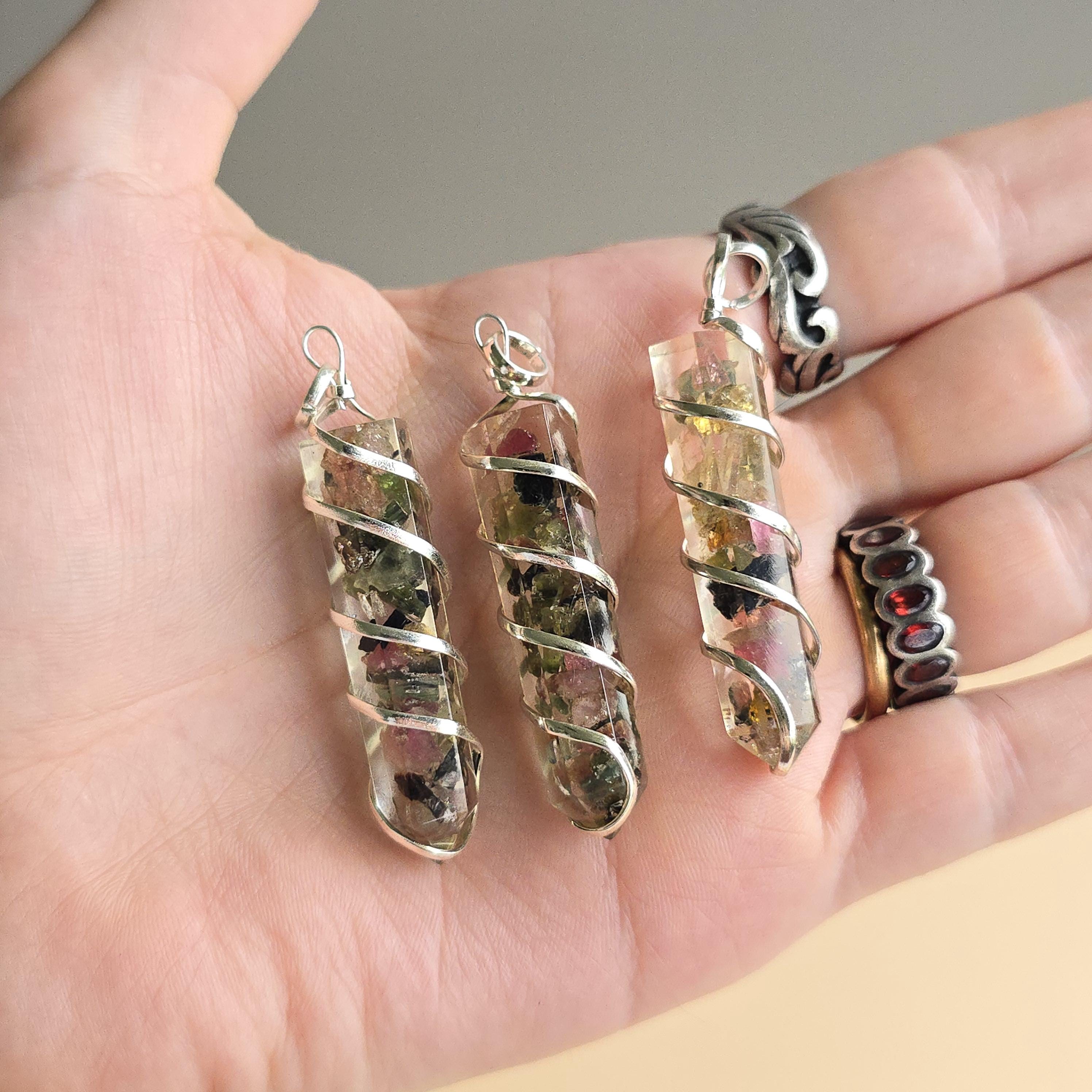 Watermelon Tourmaline in Orgonite Coil Wrapped Pendant Necklace