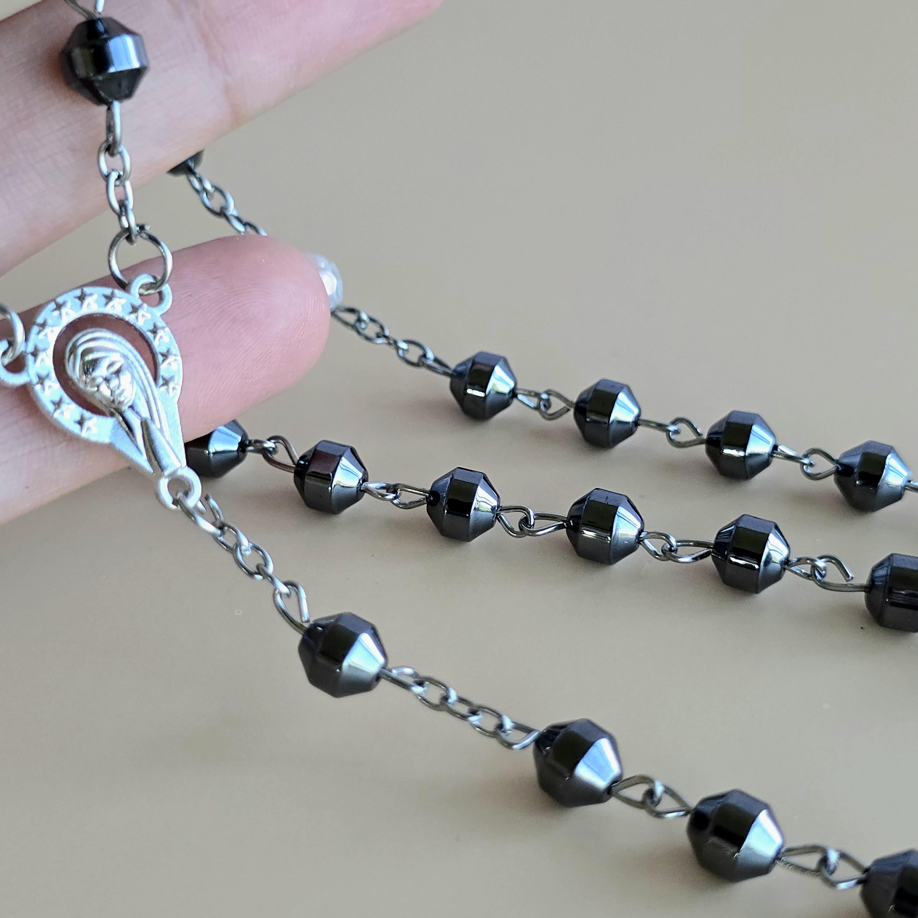 Hematite Rosary Necklace with Crucifix Pendant