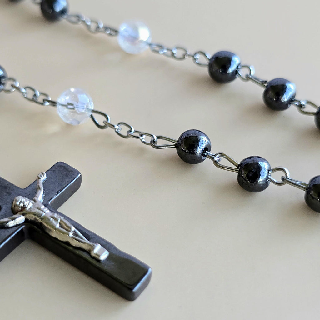 Hematite Rosary Necklace with Crucifix Pendant