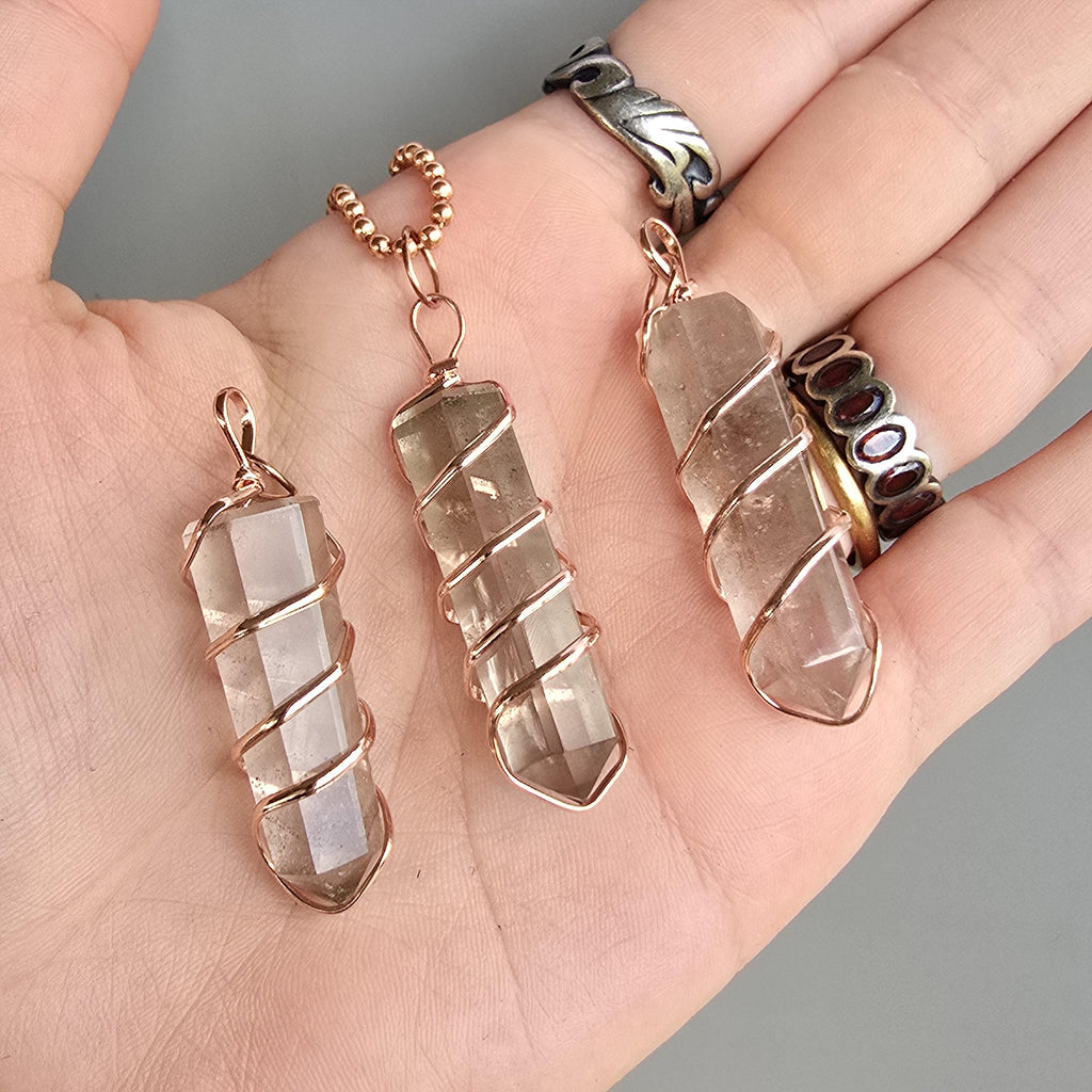Smoky Quartz Pendant Necklace: Wire Wrapped Gemstone with Copper Chain