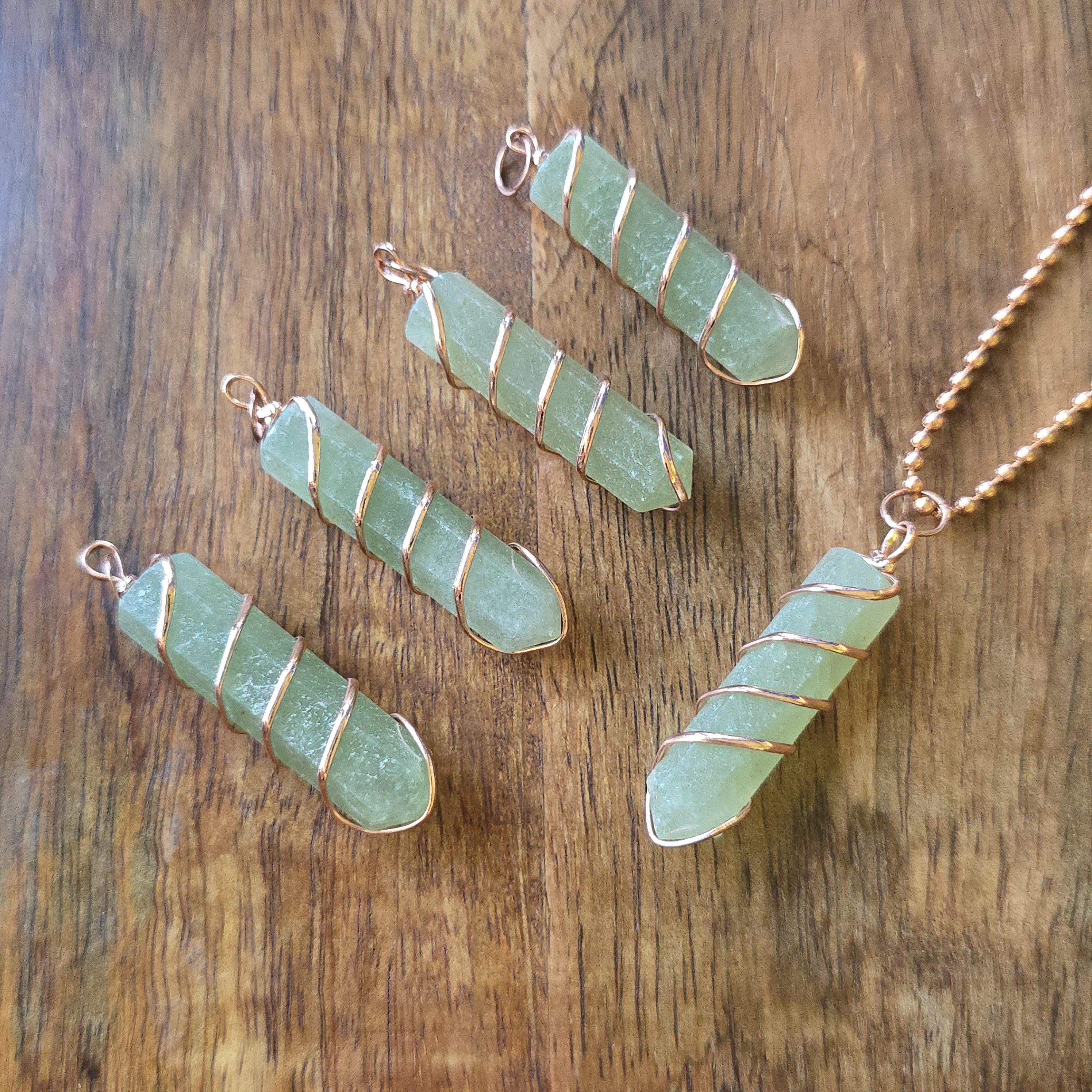 Green Aventurine Pendant Necklace: Wire Wrapped Gemstone with Copper Chain