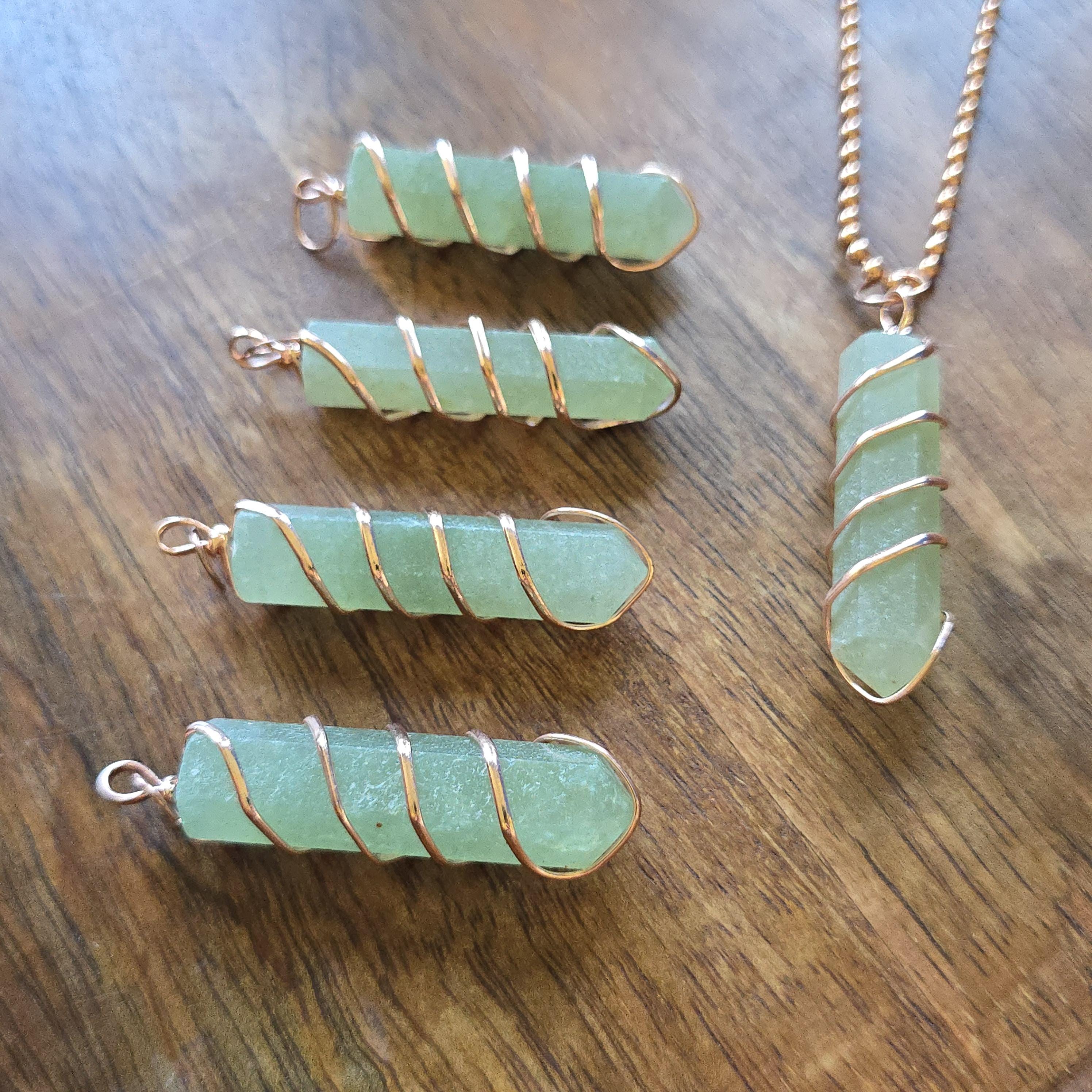 Green Aventurine Pendant Necklace: Wire Wrapped Gemstone with Copper Chain