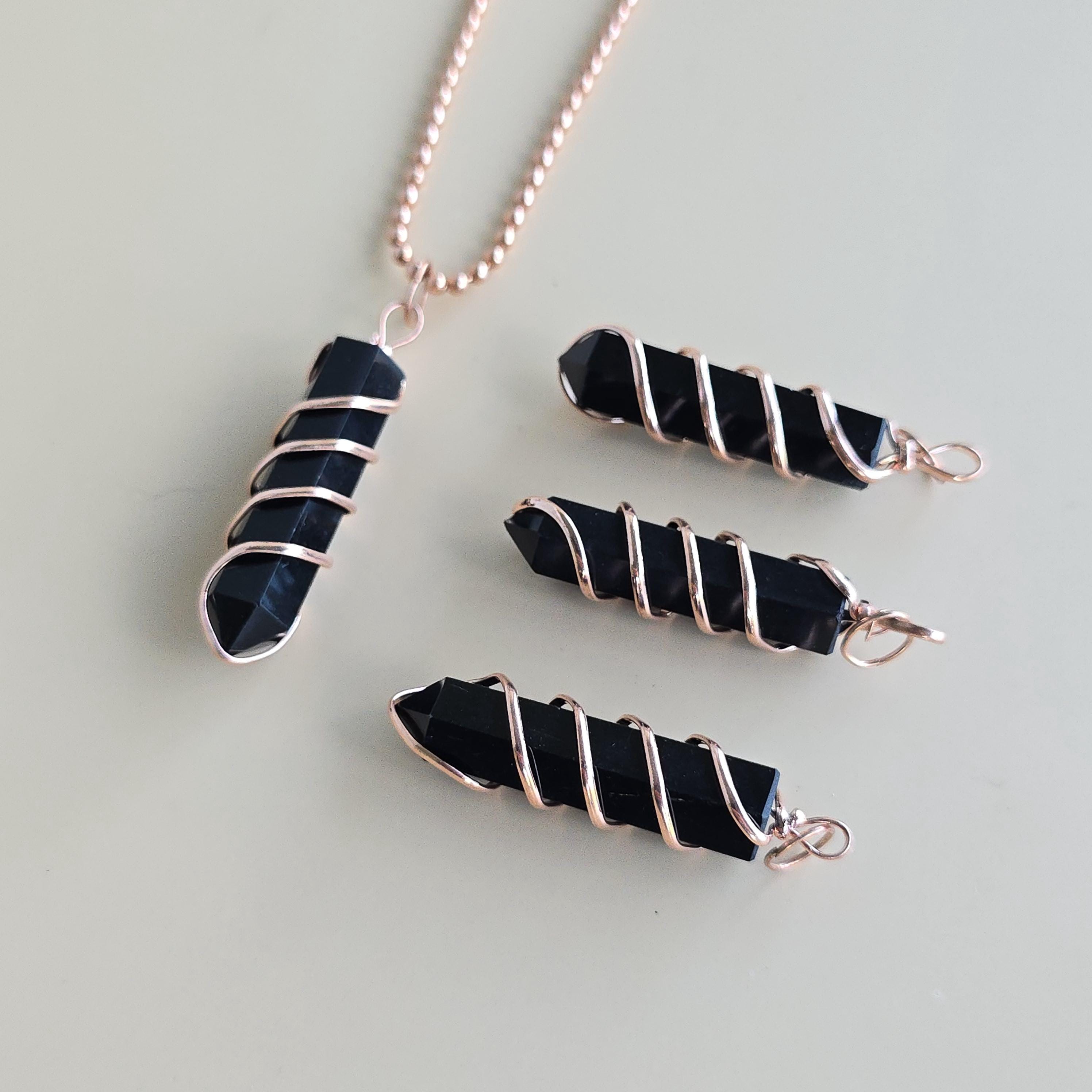 Black Obsidian Pendant Necklace: Wire Wrapped Gemstone with Copper Chain